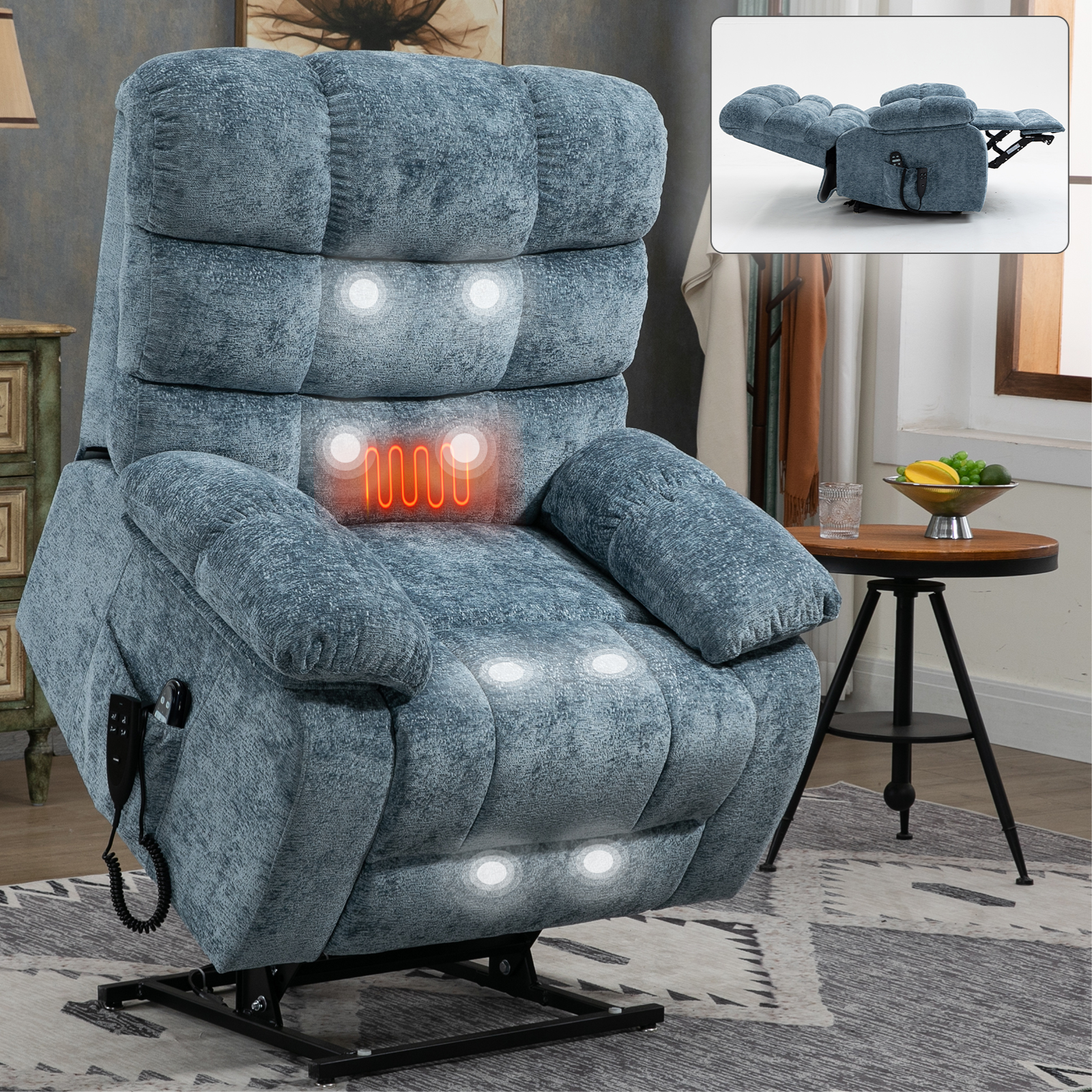 Lift Recliner Chair Heat Massage Dual Motor Infinite Position Up to 350 LBS Large Electric Power Lift Recliners with Power-Remote, Medium-firm and Heavy duty, Blue/Grey