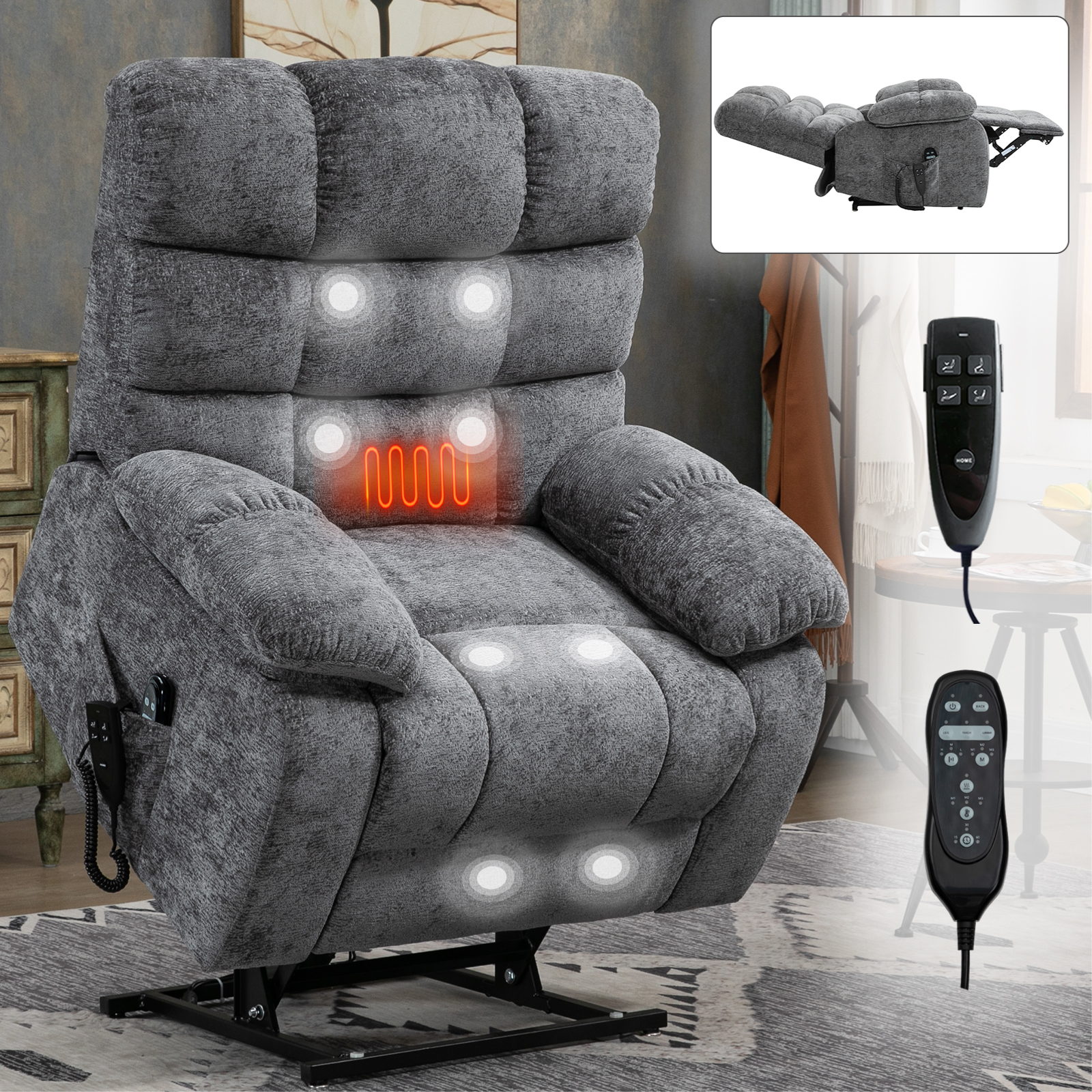 Lift Recliner Chair Heat Massage Dual Motor Infinite Position Up to 350 LBS Large Electric Power Lift Recliners with Power-Remote, Medium-firm and Heavy duty, Blue/Grey