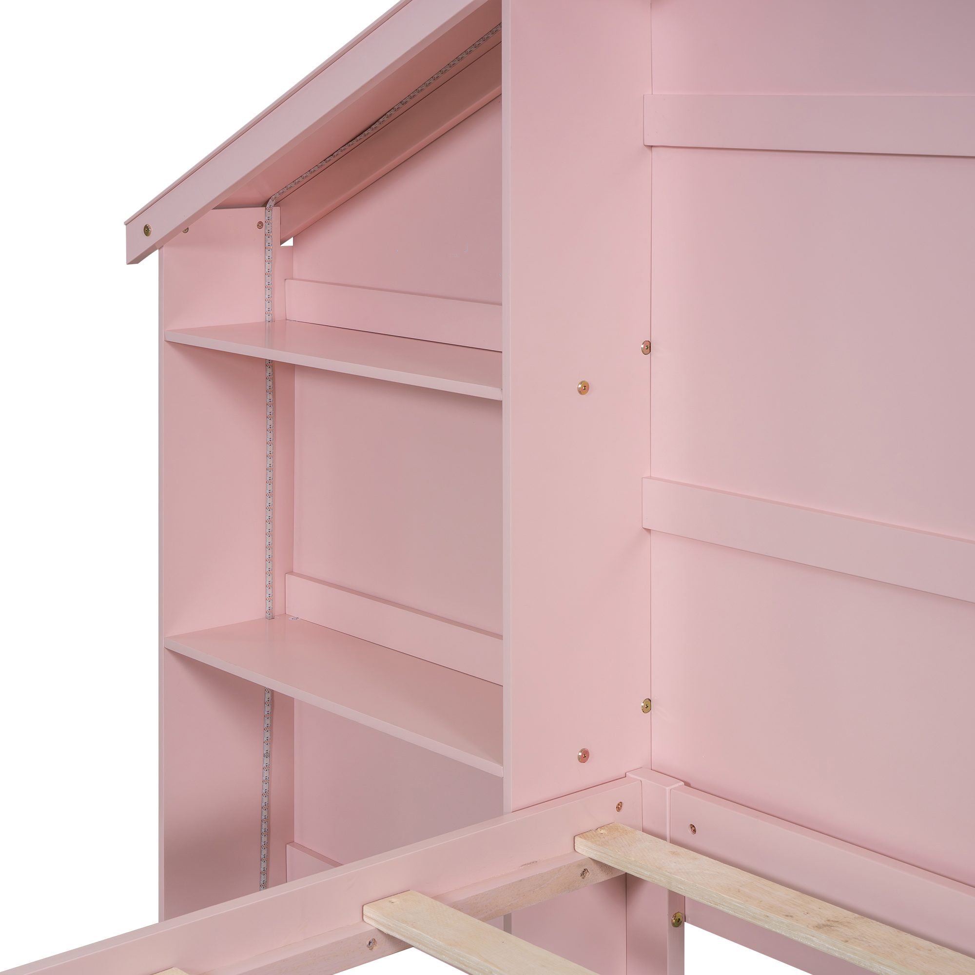 Wood Full/Twin Size Platform Bed with House-shaped Storage Headboard and Built-in LED, White /Pink