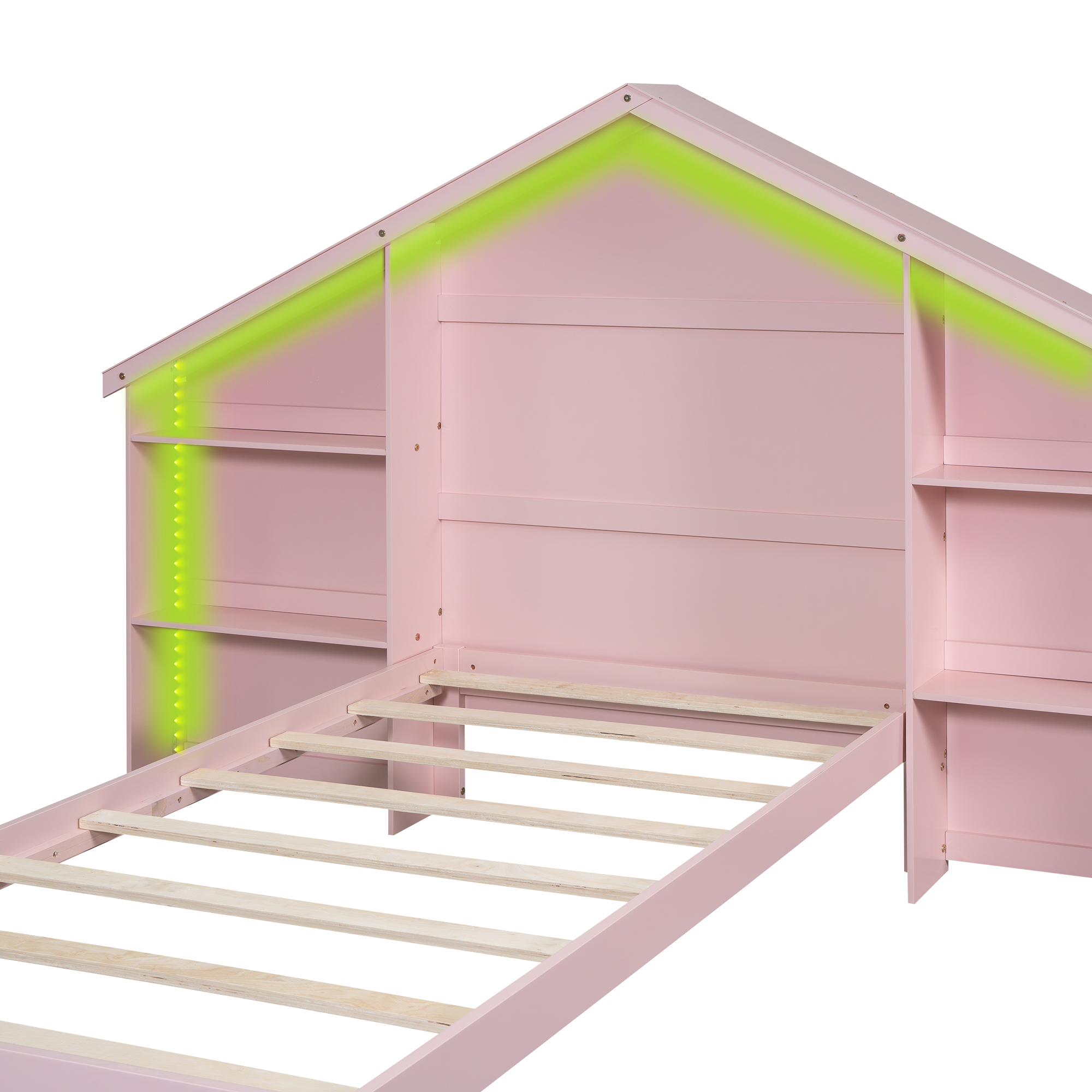 Wood Full/Twin Size Platform Bed with House-shaped Storage Headboard and Built-in LED, White /Pink