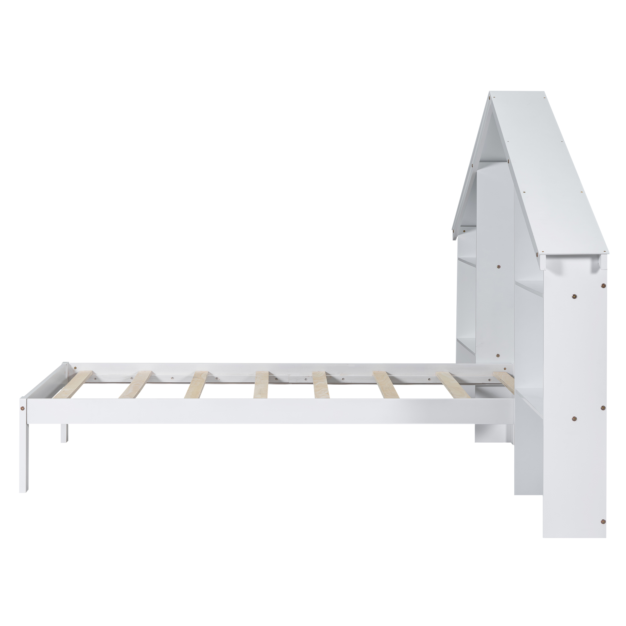 Wood Full/Twin Size Platform Bed with House-shaped Storage Headboard and Built-in LED, White /Pink