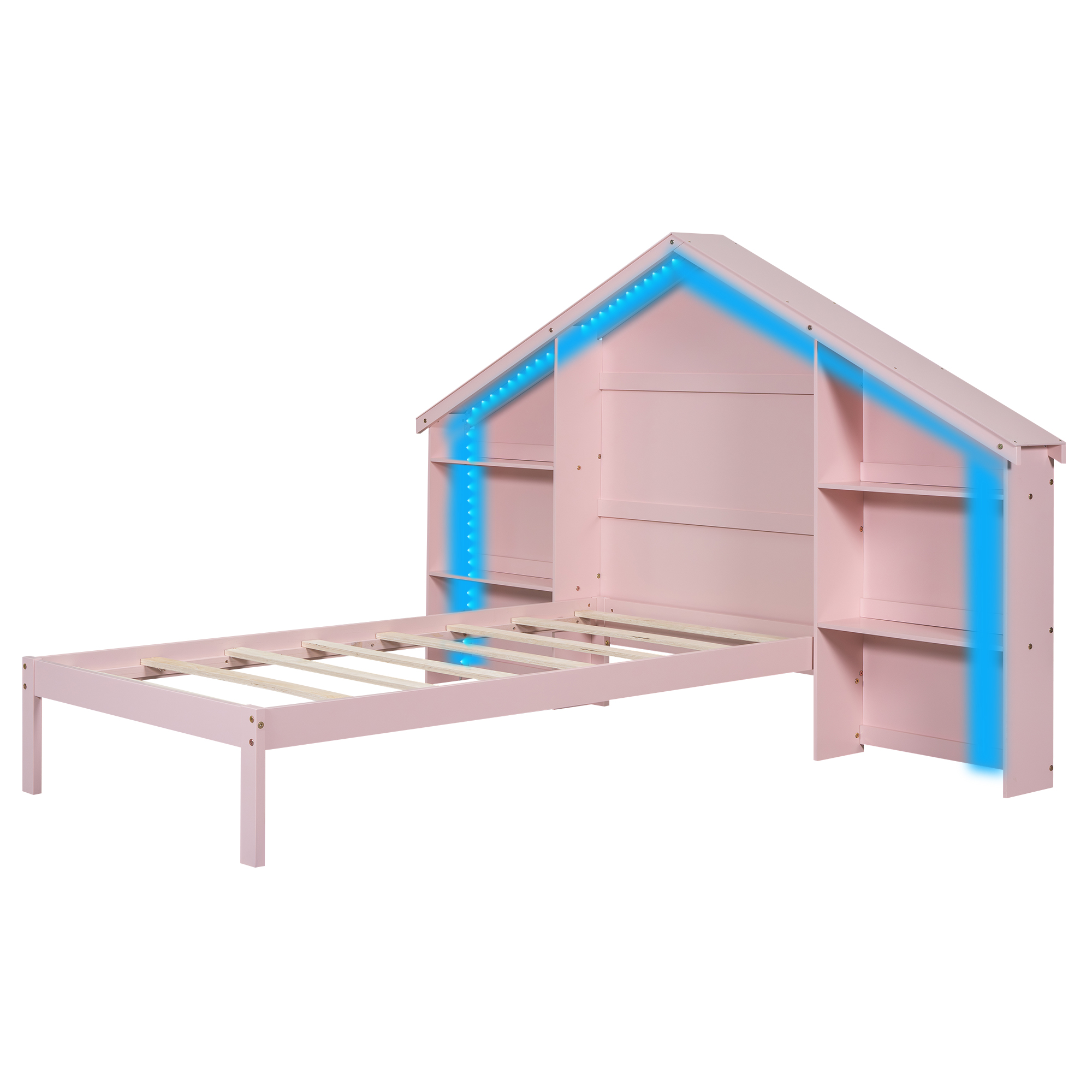 Wood Full/Twin Size Platform Bed with House-shaped Storage Headboard and Built-in LED, White /Pink