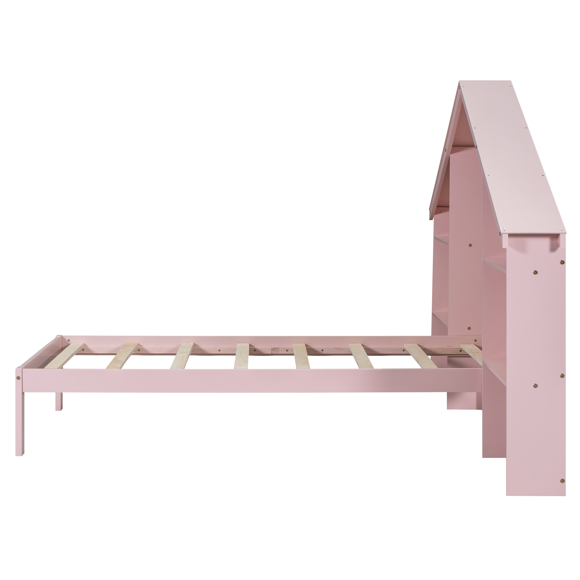 Wood Full/Twin Size Platform Bed with House-shaped Storage Headboard and Built-in LED, White /Pink