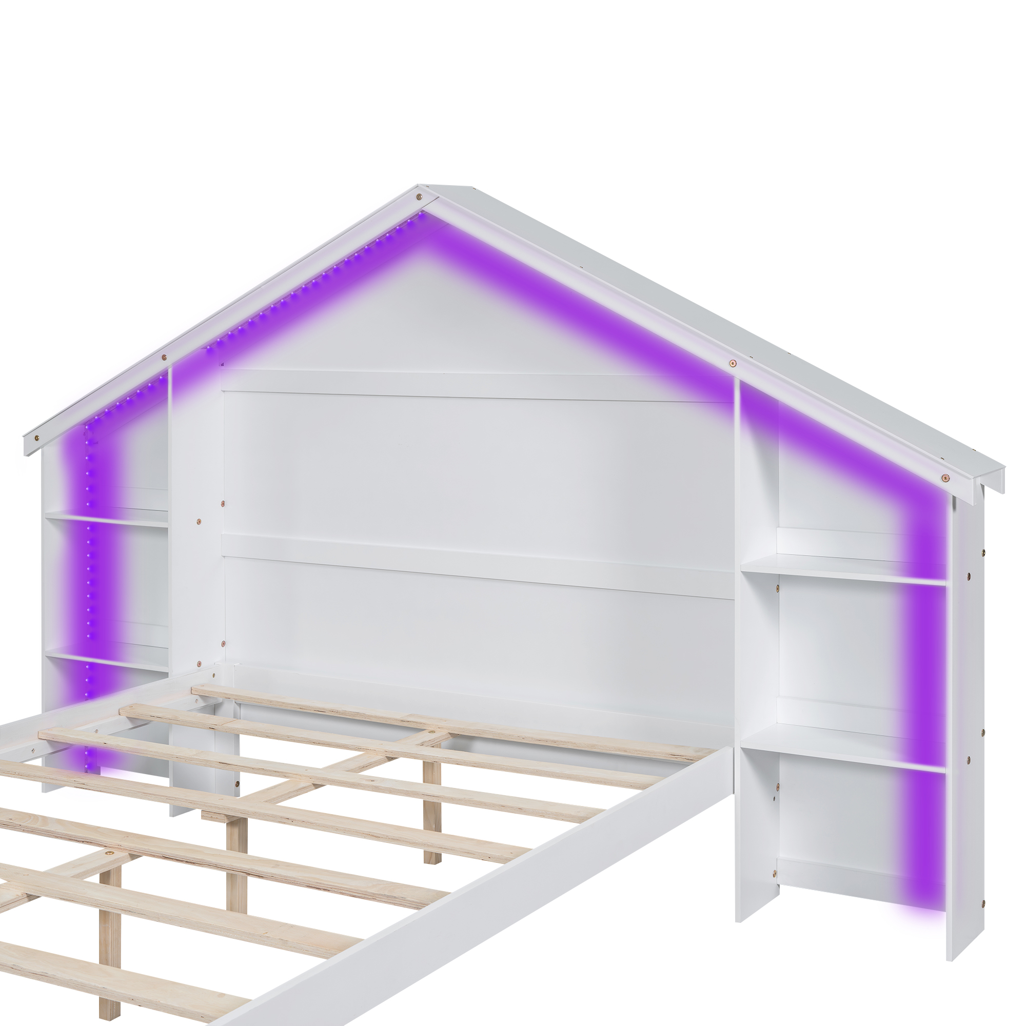 Wood Full/Twin Size Platform Bed with House-shaped Storage Headboard and Built-in LED, White /Pink