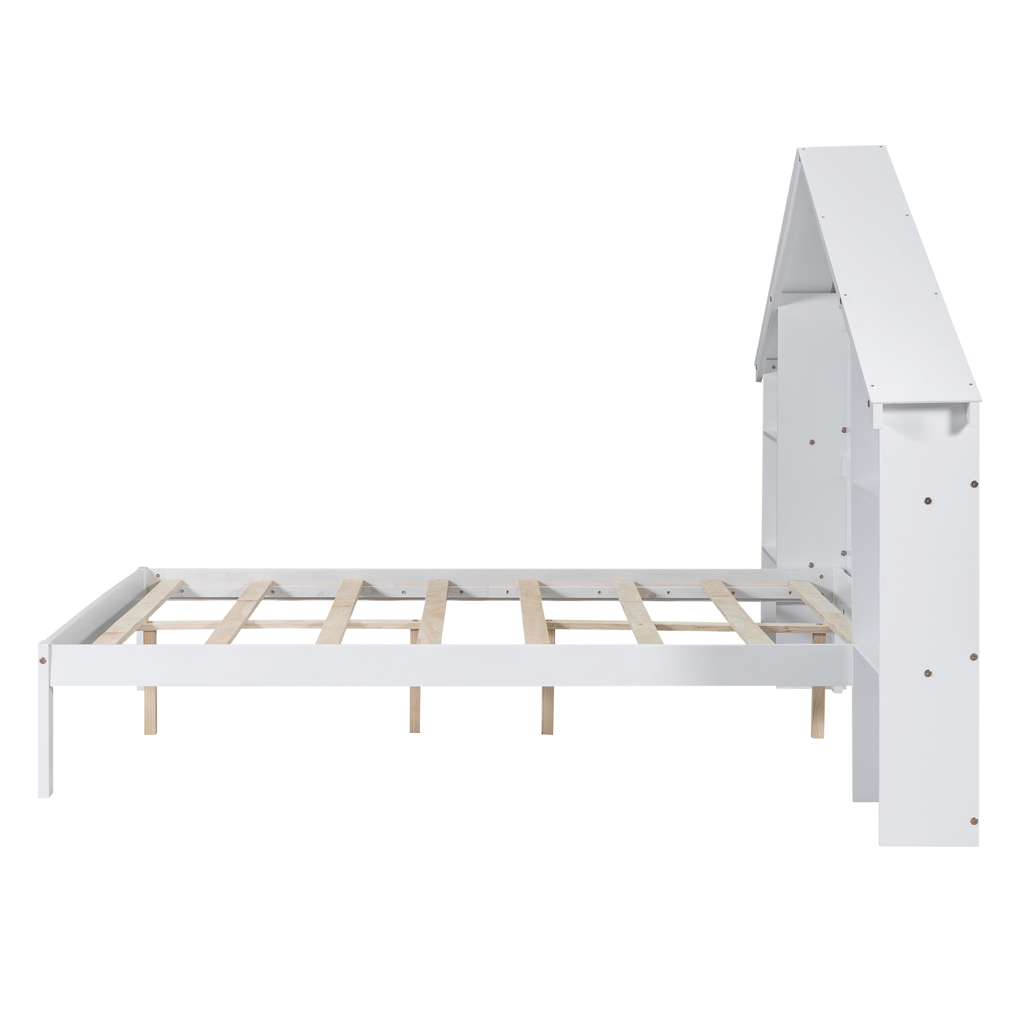 Wood Full/Twin Size Platform Bed with House-shaped Storage Headboard and Built-in LED, White /Pink