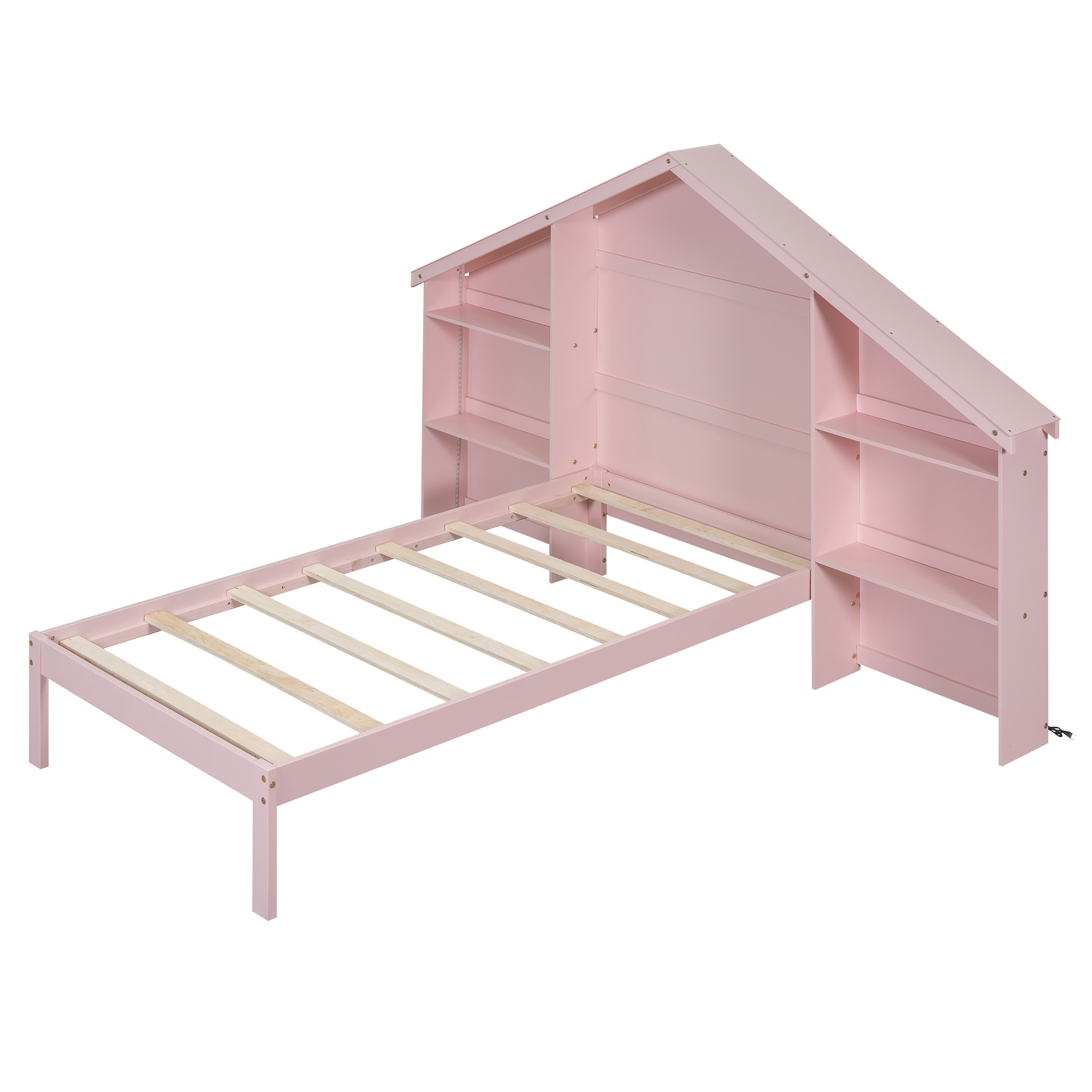 Wood Full/Twin Size Platform Bed with House-shaped Storage Headboard and Built-in LED, White /Pink
