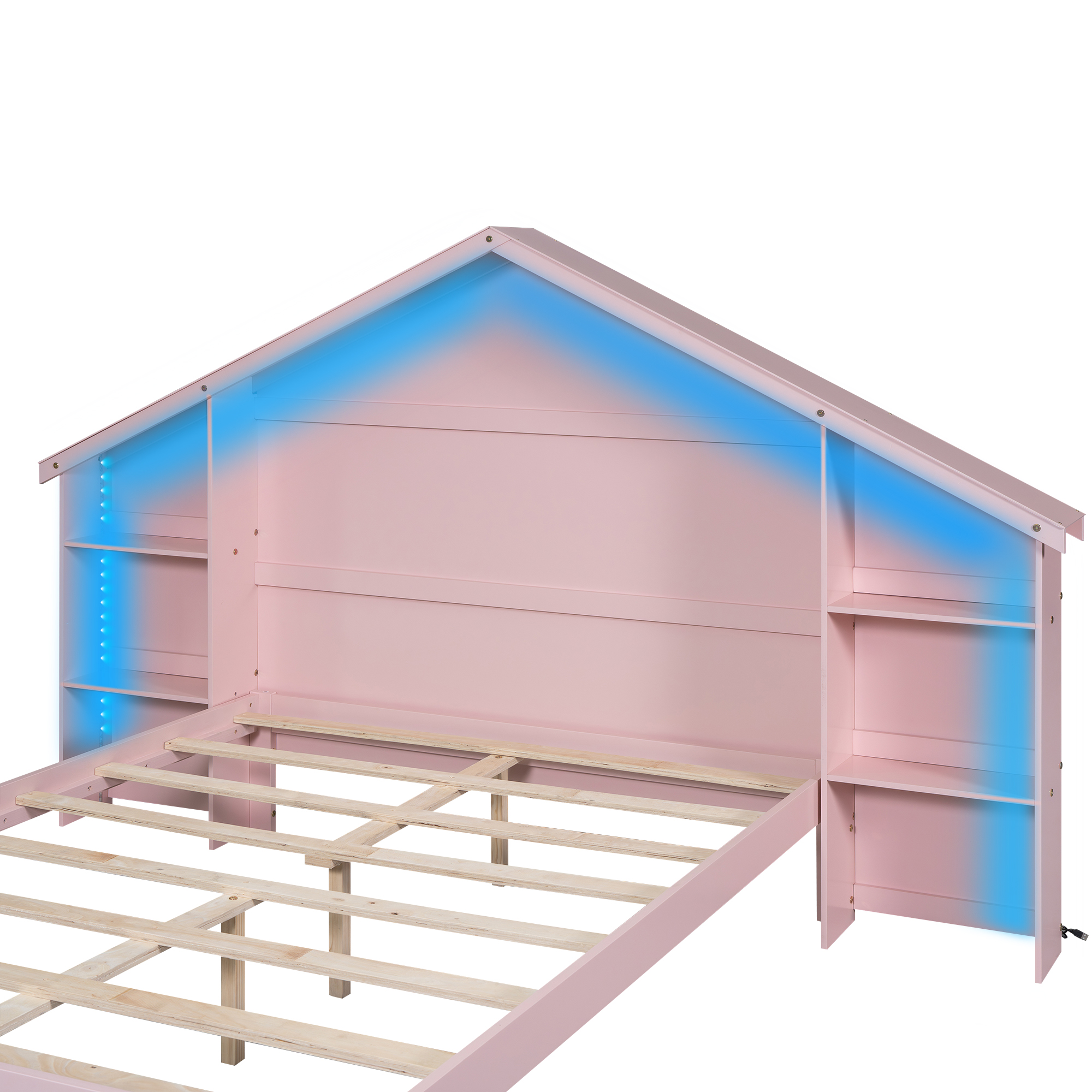 Wood Full/Twin Size Platform Bed with House-shaped Storage Headboard and Built-in LED, White /Pink