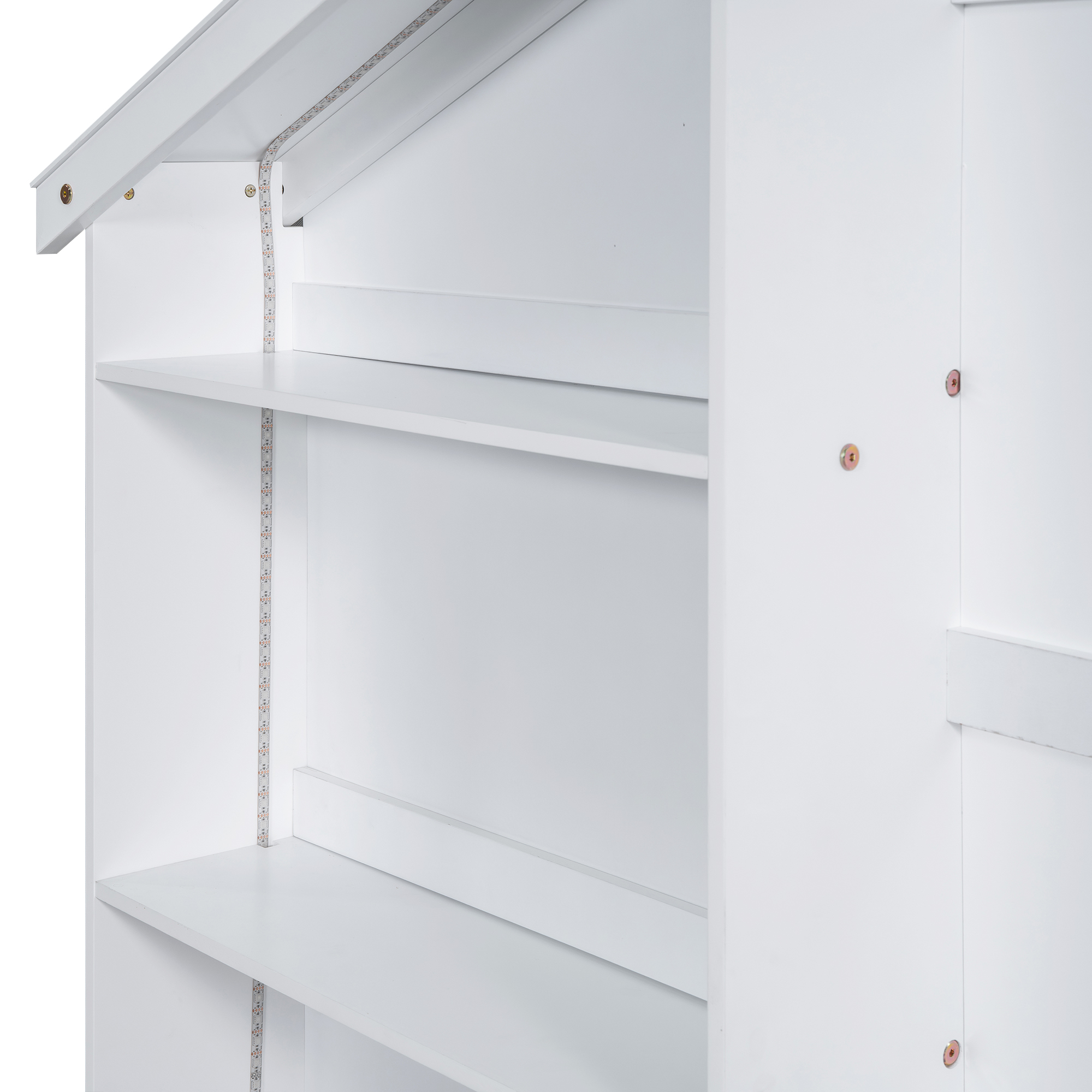 Wood Full/Twin Size Platform Bed with House-shaped Storage Headboard and Built-in LED, White /Pink