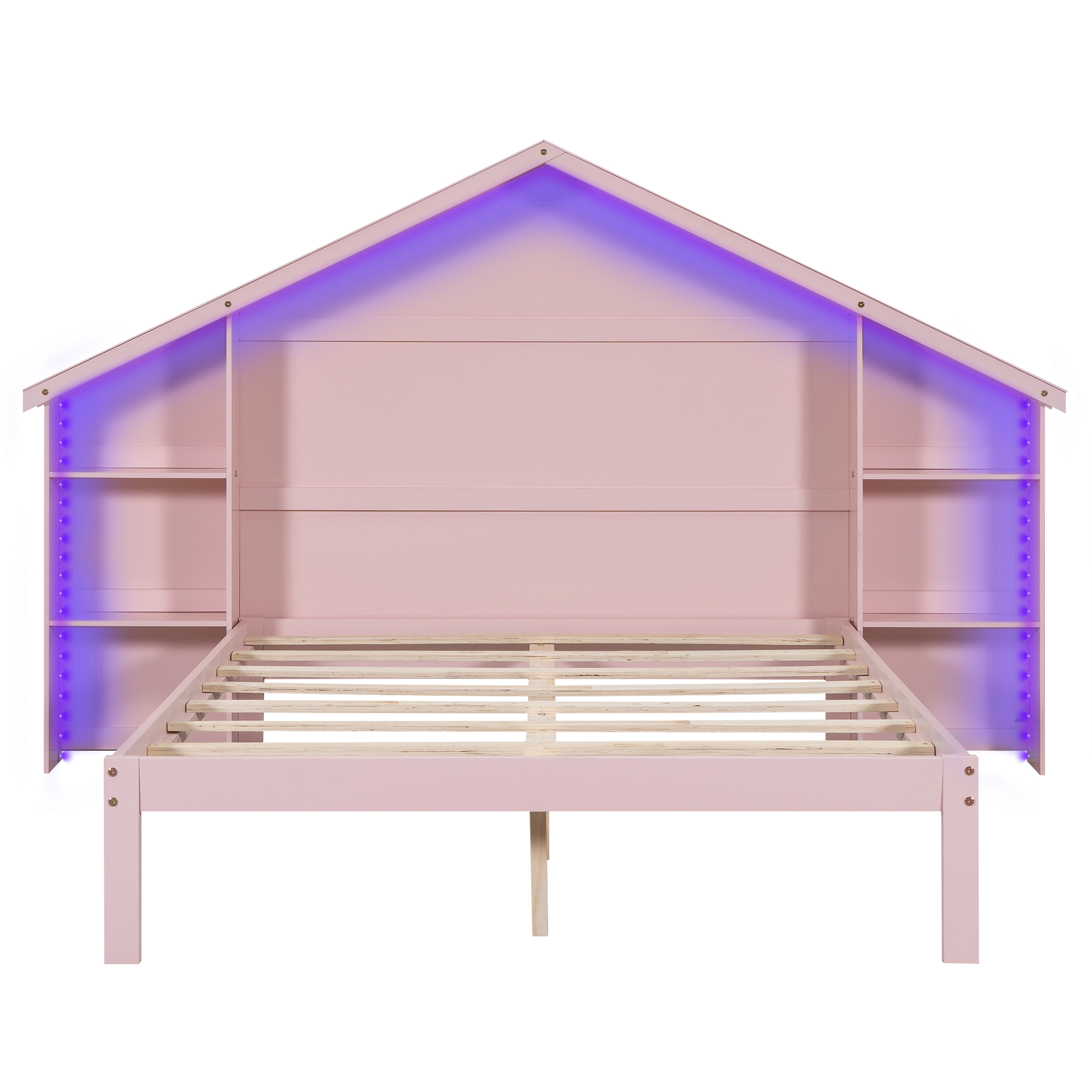 Wood Full/Twin Size Platform Bed with House-shaped Storage Headboard and Built-in LED, White /Pink