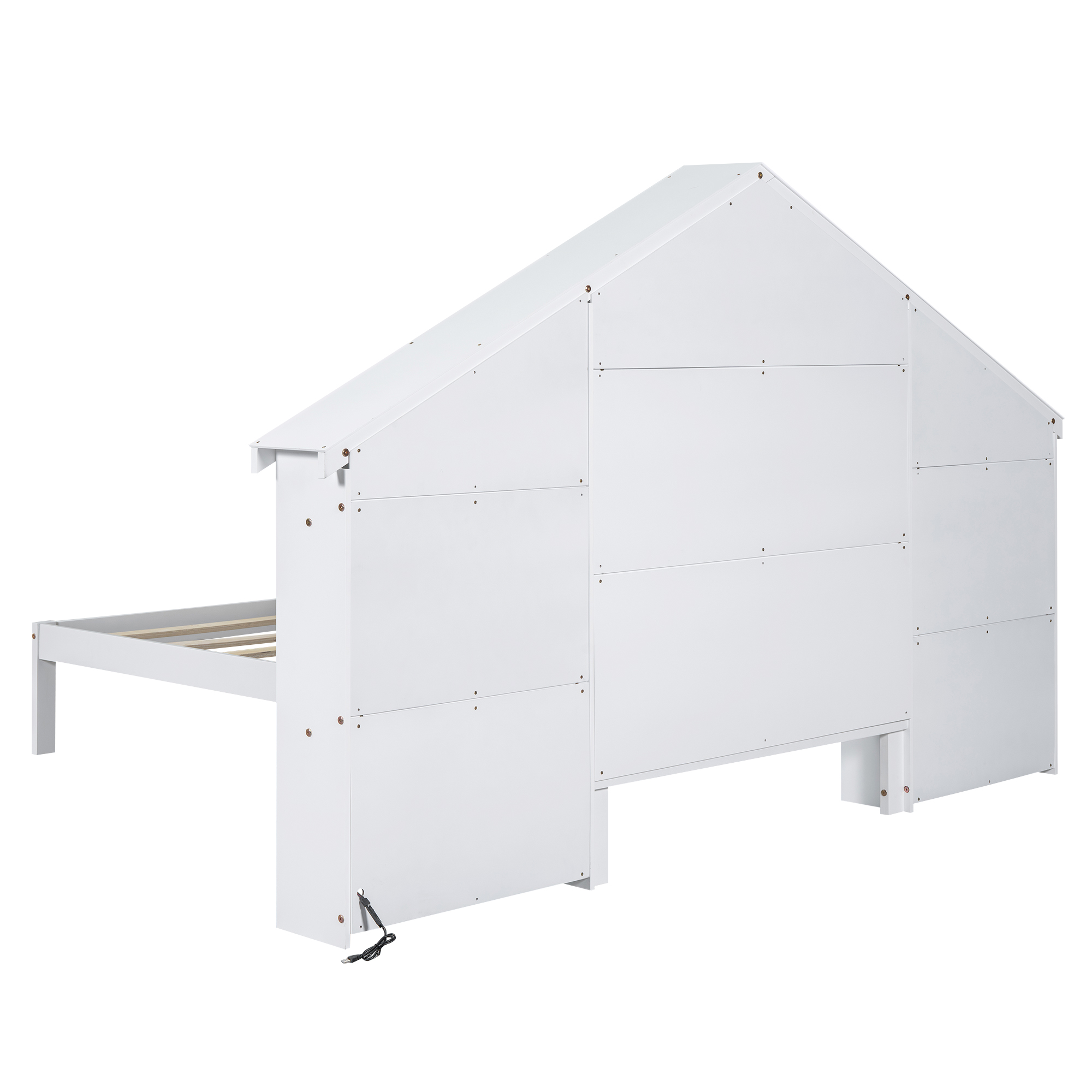 Wood Full/Twin Size Platform Bed with House-shaped Storage Headboard and Built-in LED, White /Pink