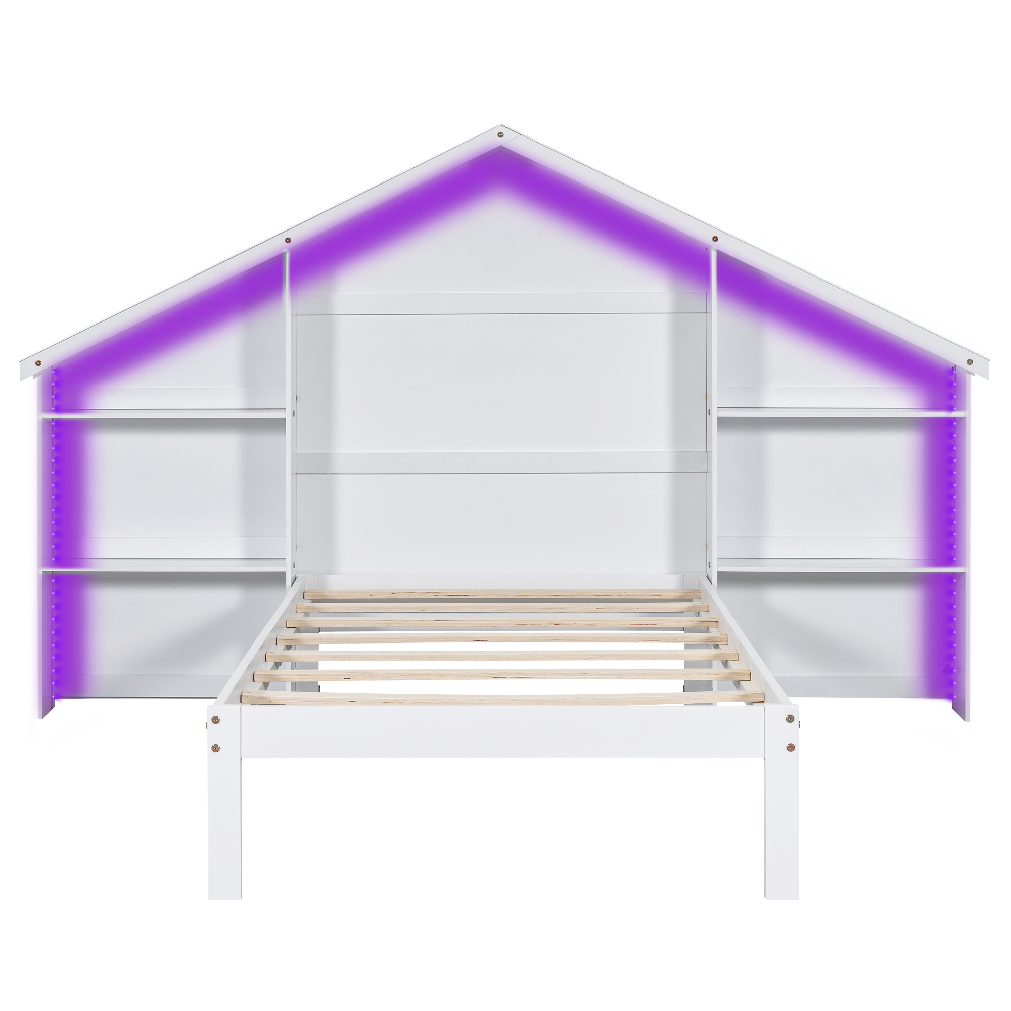 Wood Full/Twin Size Platform Bed with House-shaped Storage Headboard and Built-in LED, White /Pink