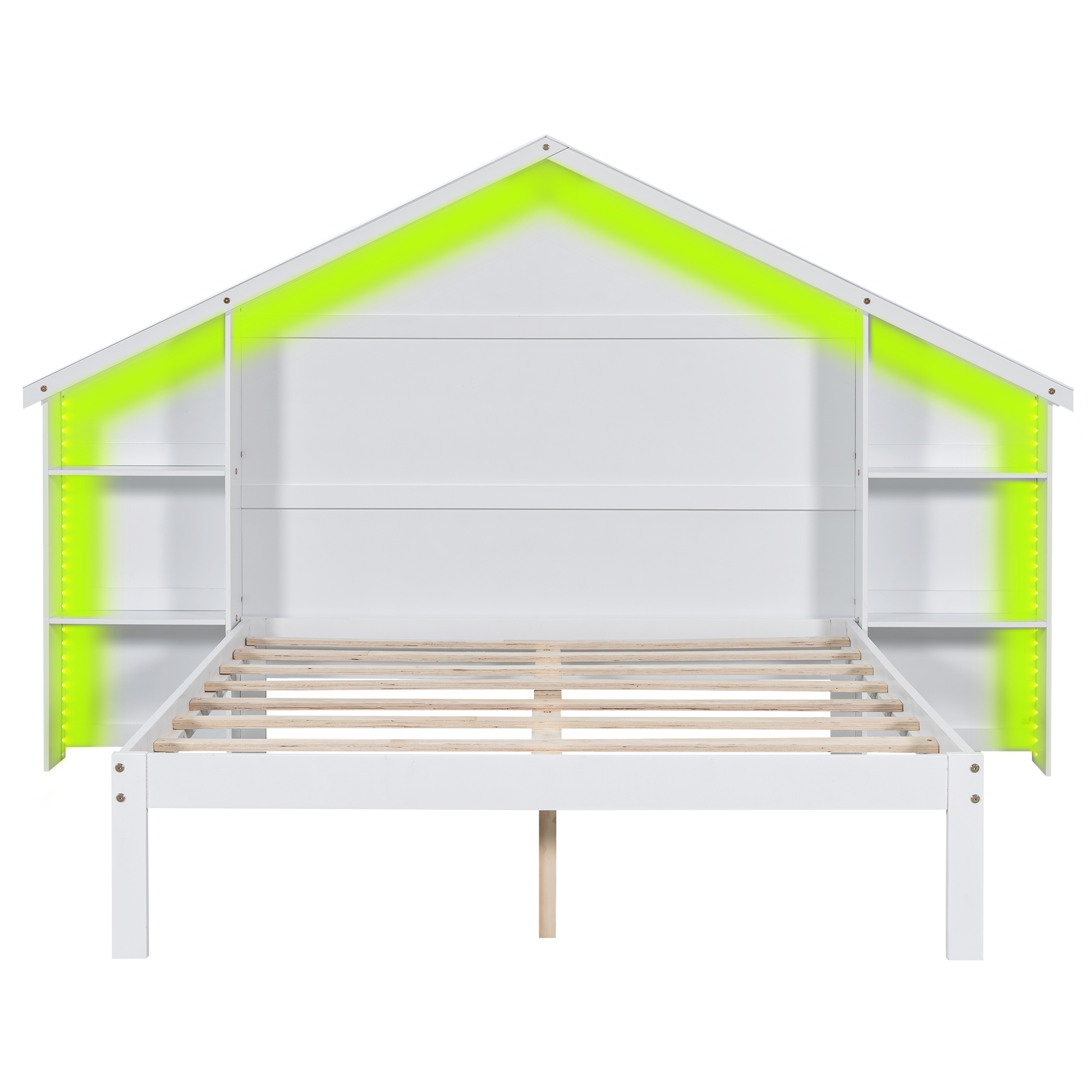 Wood Full/Twin Size Platform Bed with House-shaped Storage Headboard and Built-in LED, White /Pink