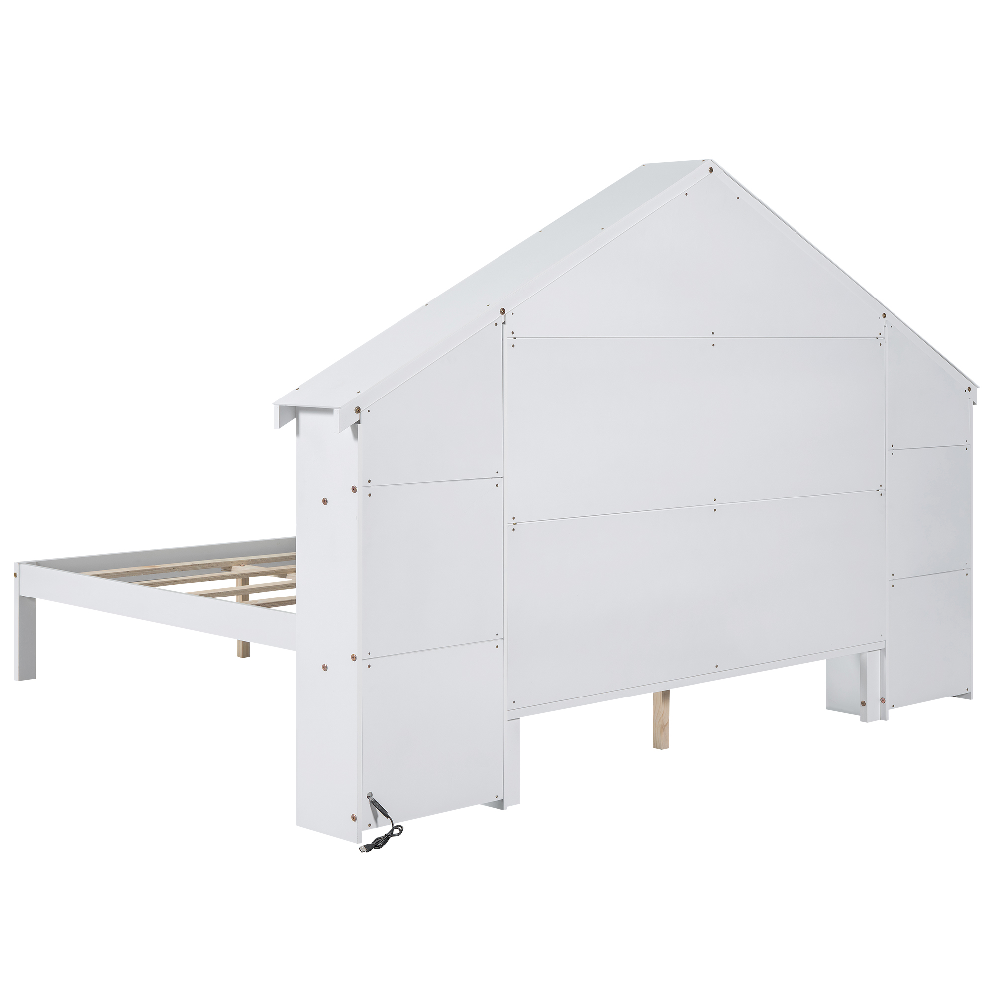 Wood Full/Twin Size Platform Bed with House-shaped Storage Headboard and Built-in LED, White /Pink