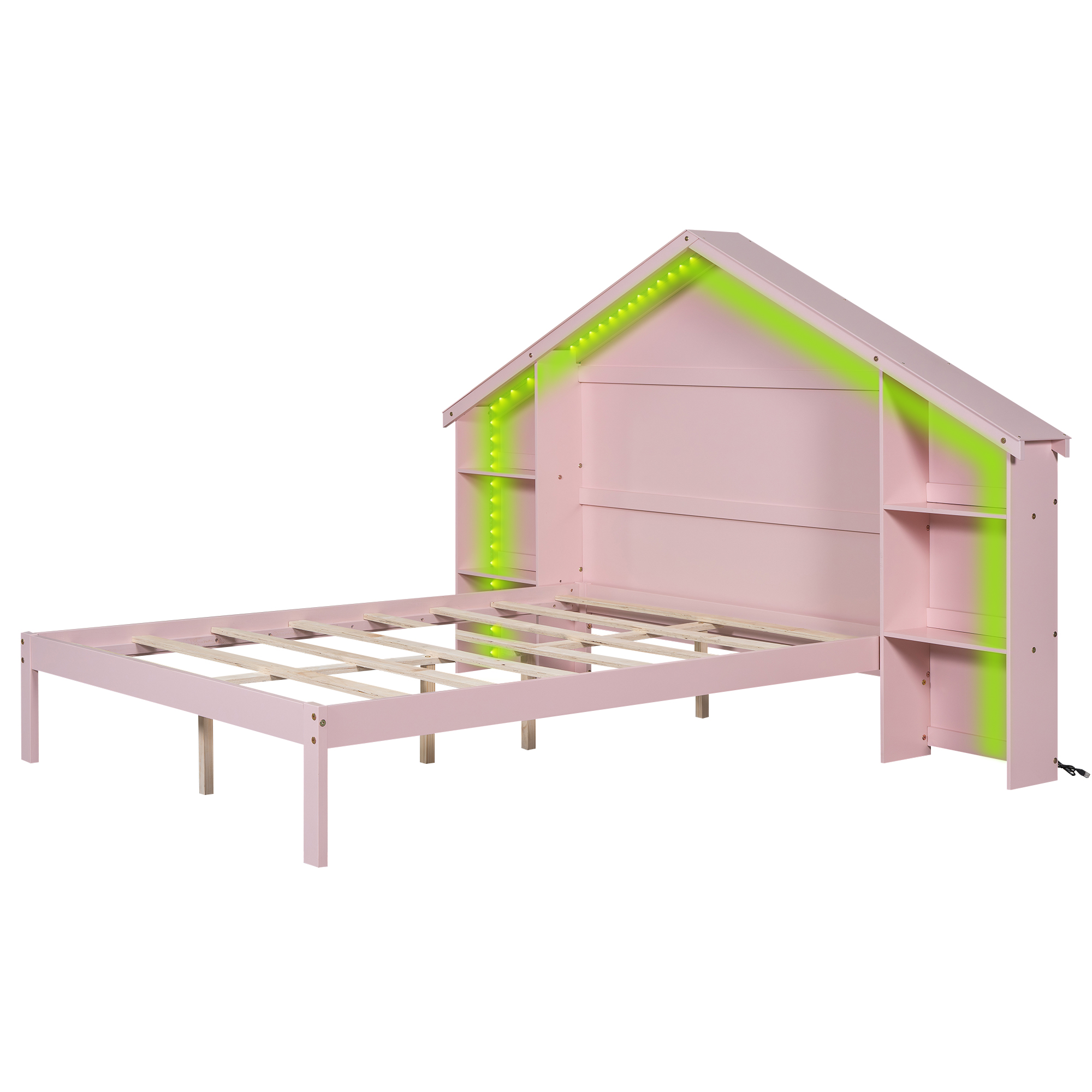 Wood Full/Twin Size Platform Bed with House-shaped Storage Headboard and Built-in LED, White /Pink