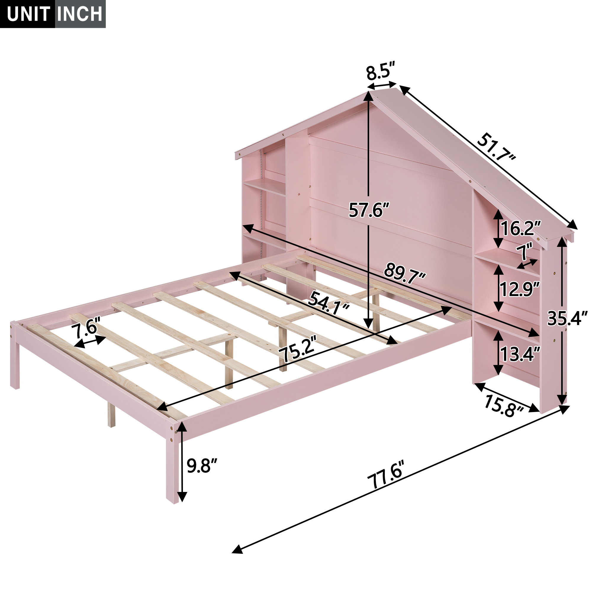 Wood Full/Twin Size Platform Bed with House-shaped Storage Headboard and Built-in LED, White /Pink