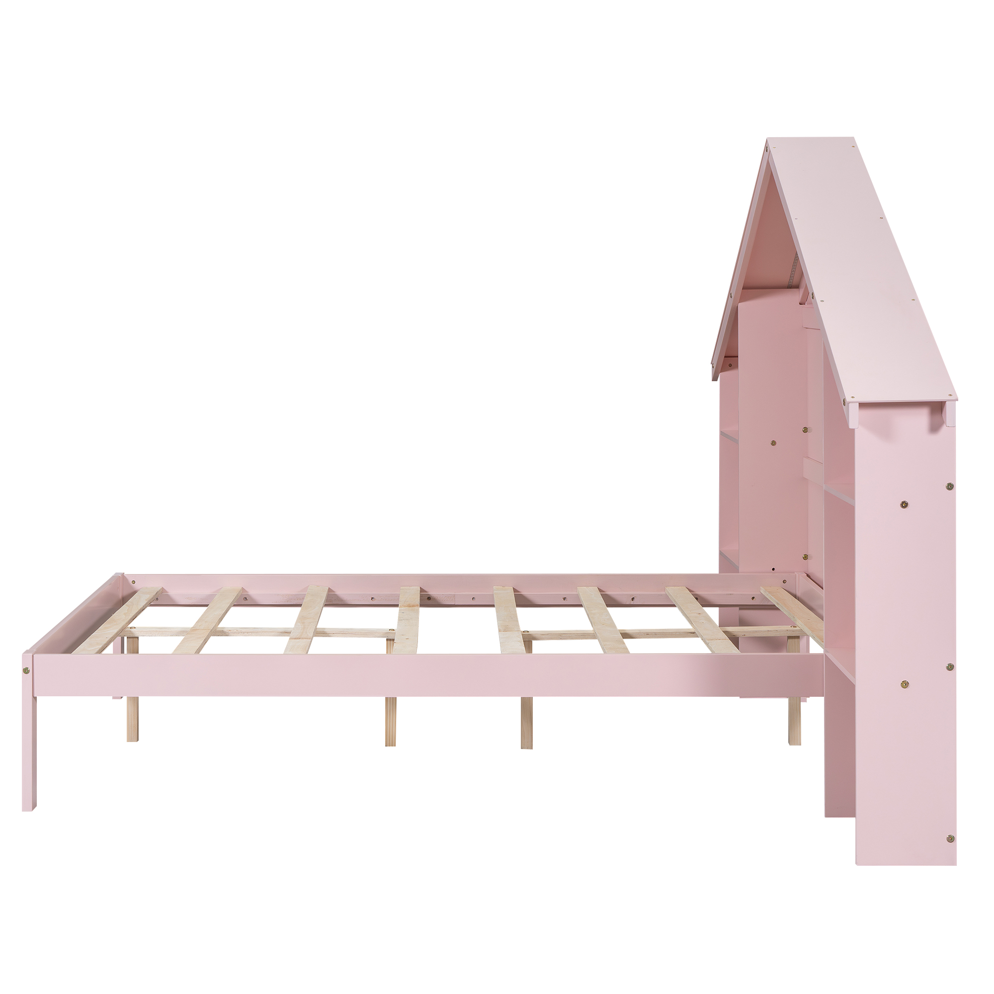 Wood Full/Twin Size Platform Bed with House-shaped Storage Headboard and Built-in LED, White /Pink