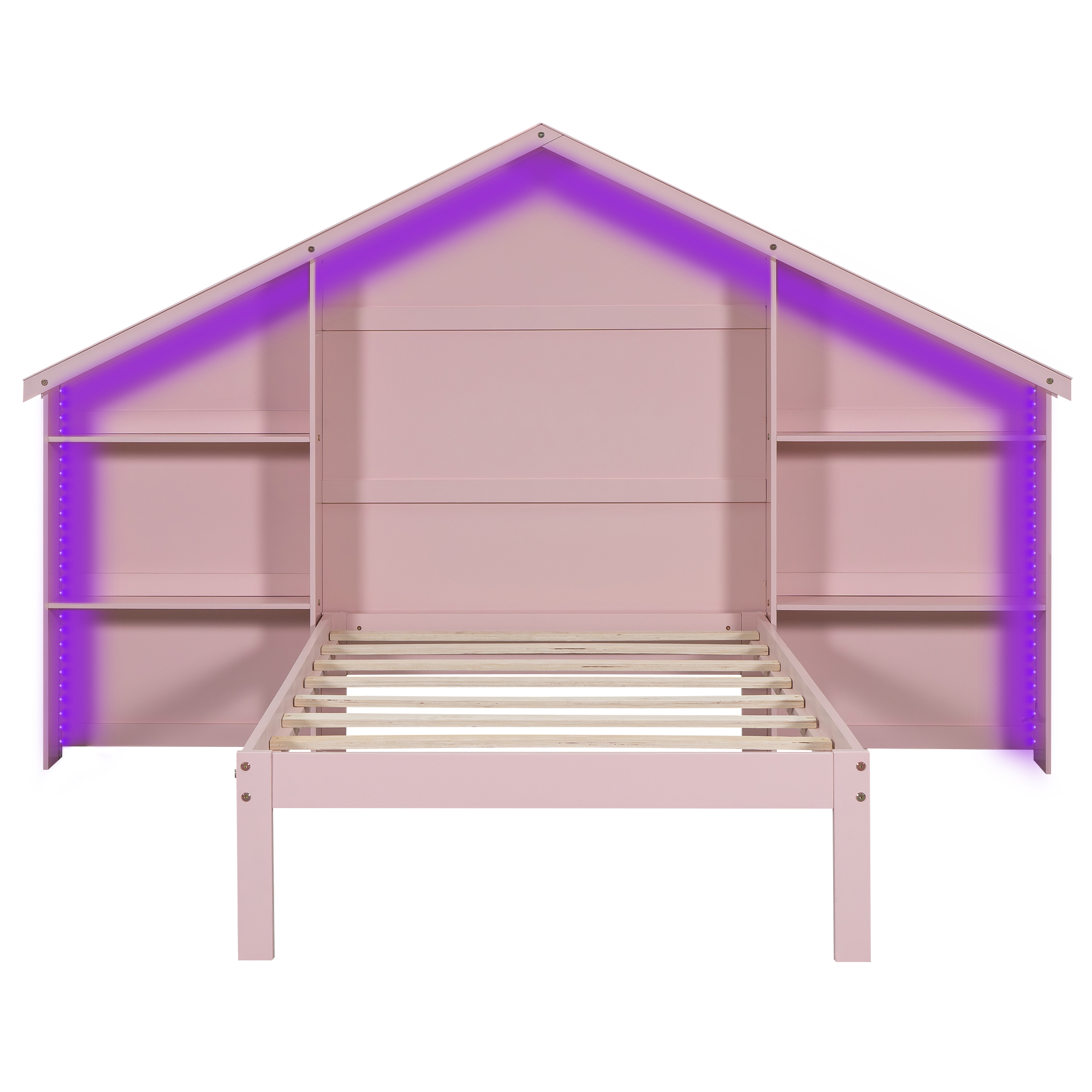 Wood Full/Twin Size Platform Bed with House-shaped Storage Headboard and Built-in LED, White /Pink