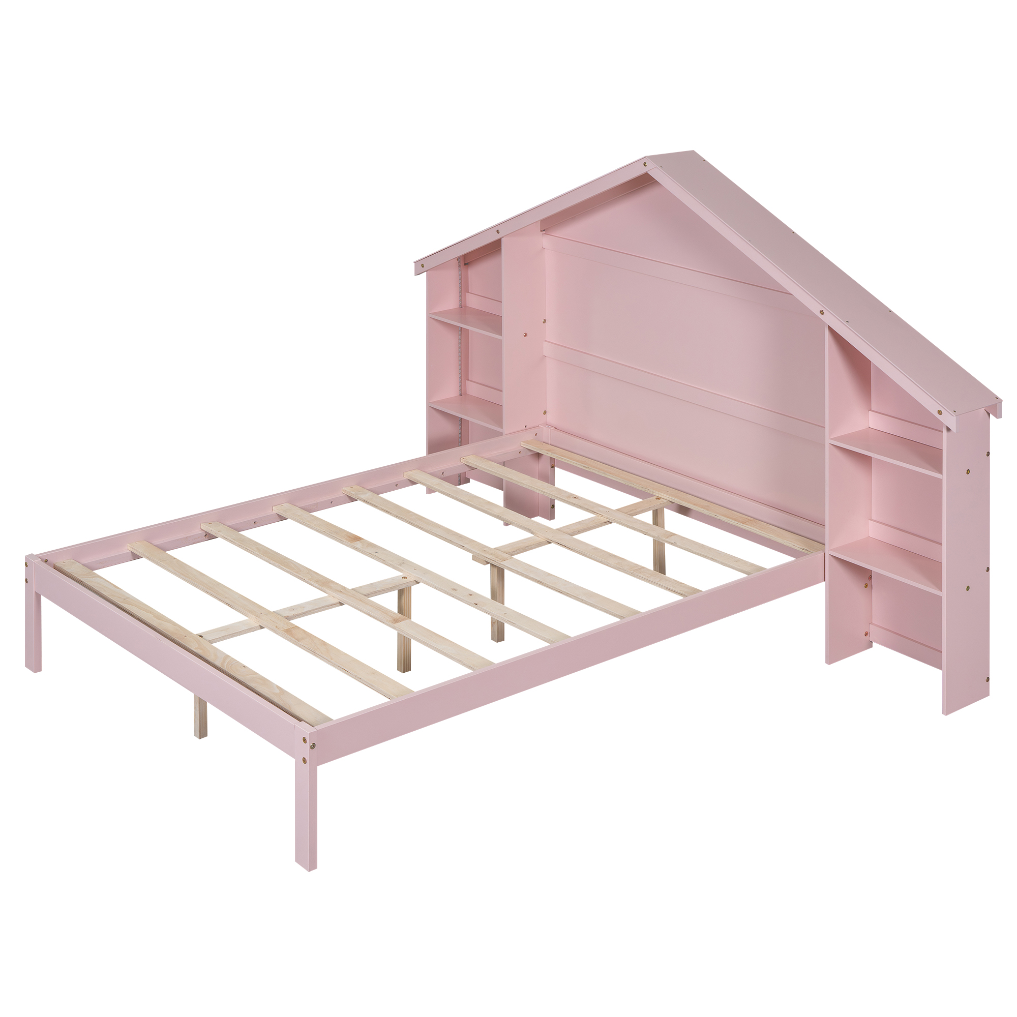 Wood Full/Twin Size Platform Bed with House-shaped Storage Headboard and Built-in LED, White /Pink