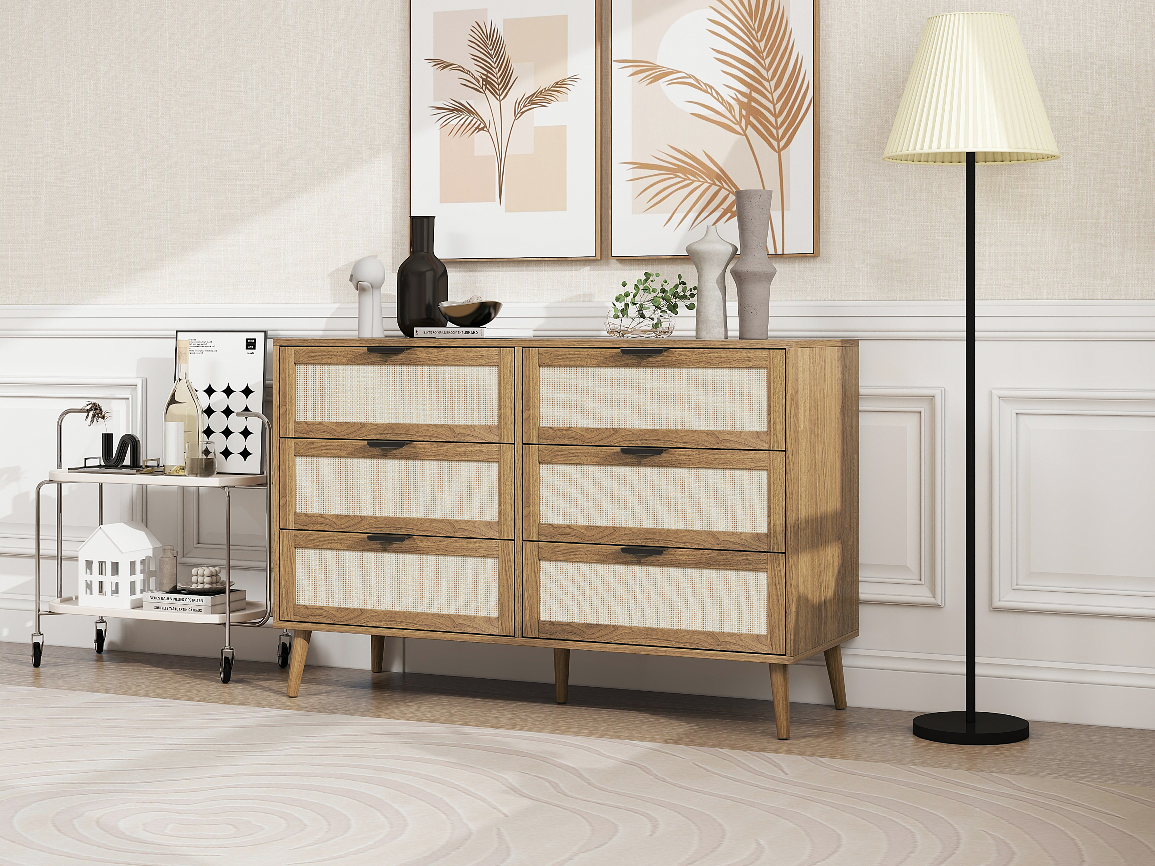 Modern 6 Drawer Dresser Wood Cabinet (Walnut) 