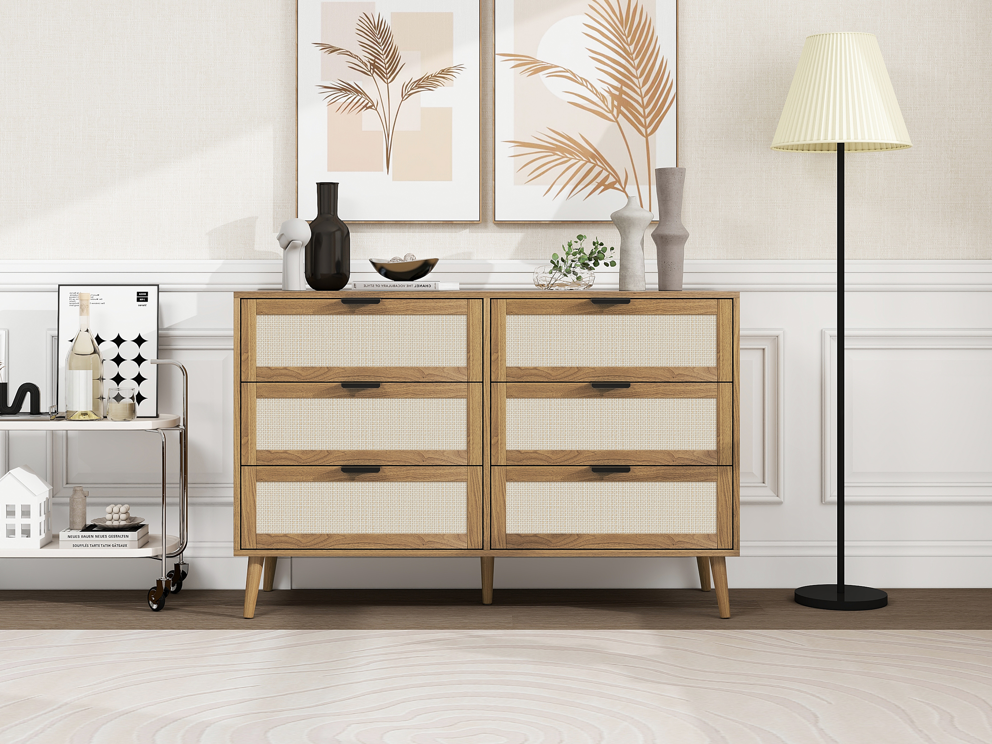 Modern 6 Drawer Dresser Wood Cabinet (Walnut) 