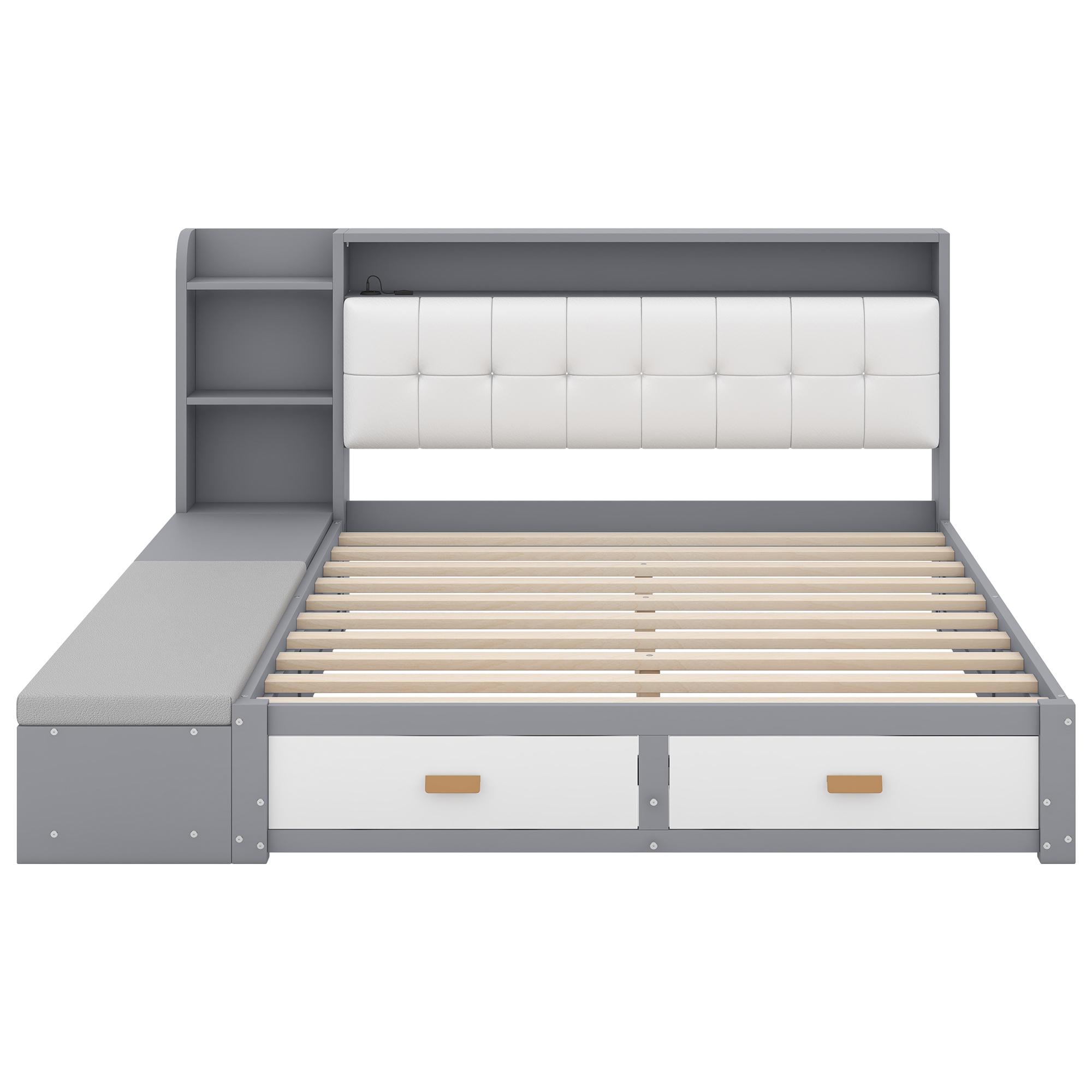 Queen Size Low Profile Platform Bed Frame with Upholstery Headboard and Storage Shelves and Drawers,USB Charging Design,Gray 