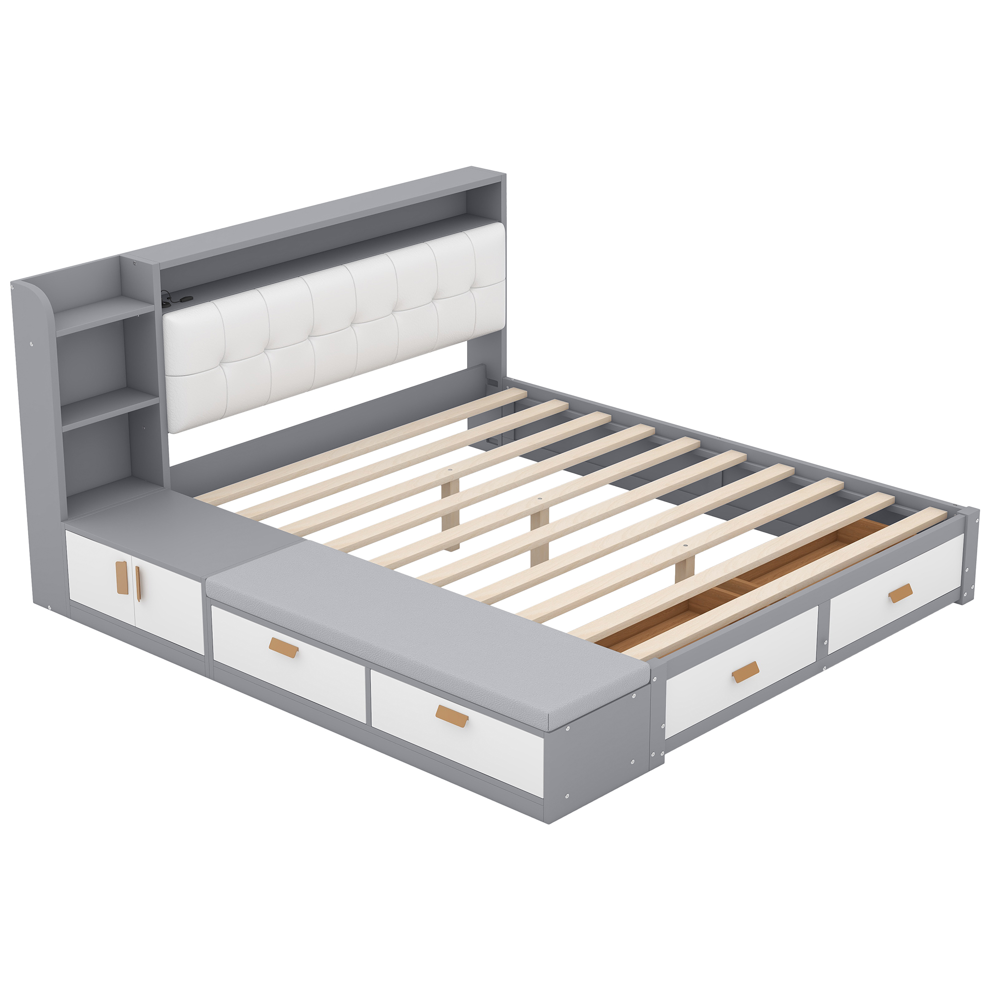 Queen Size Low Profile Platform Bed Frame with Upholstery Headboard and Storage Shelves and Drawers,USB Charging Design,Gray 