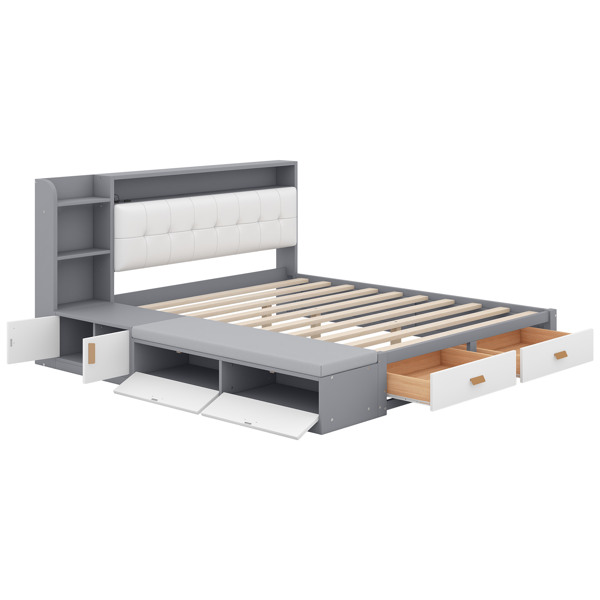 Queen Size Low Profile Platform Bed Frame with Upholstery Headboard and Storage Shelves and Drawers,USB Charging Design,Gray 