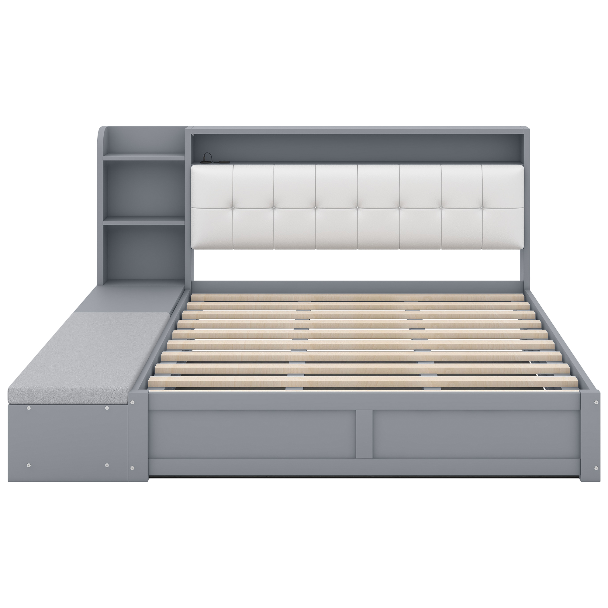 Queen Size Platform Bed Frame with Upholstery Headboard and Storage Shelves and,USB Charging,Gray 