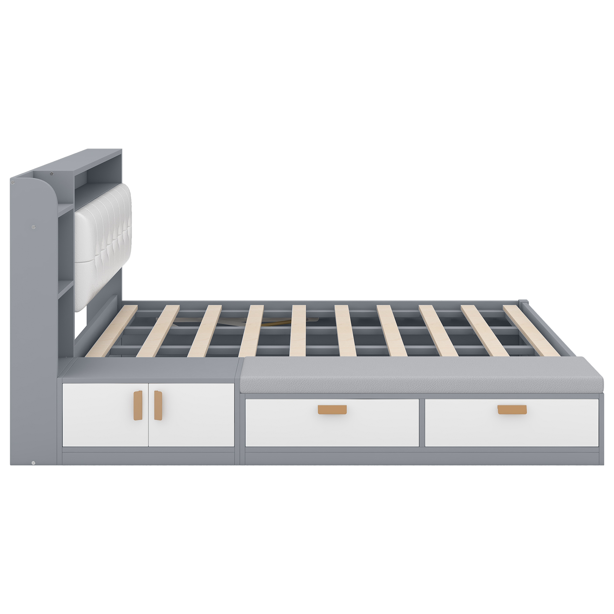 Queen Size Platform Bed Frame with Upholstery Headboard and Storage Shelves and,USB Charging,Gray 