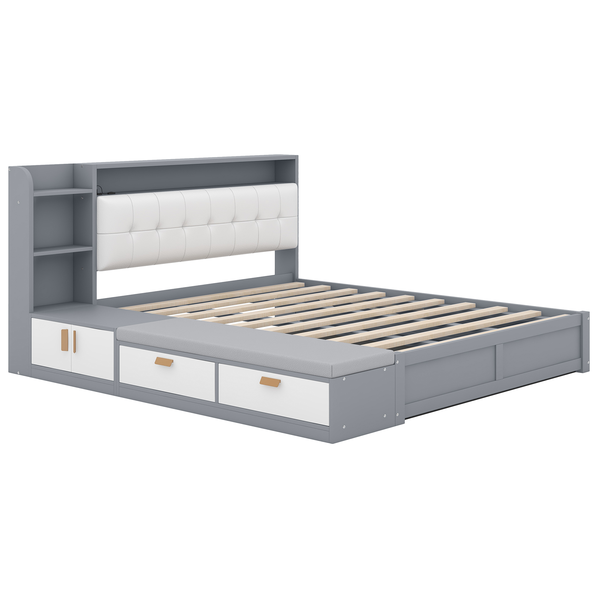 Queen Size Platform Bed Frame with Upholstery Headboard and Storage Shelves and,USB Charging,Gray 