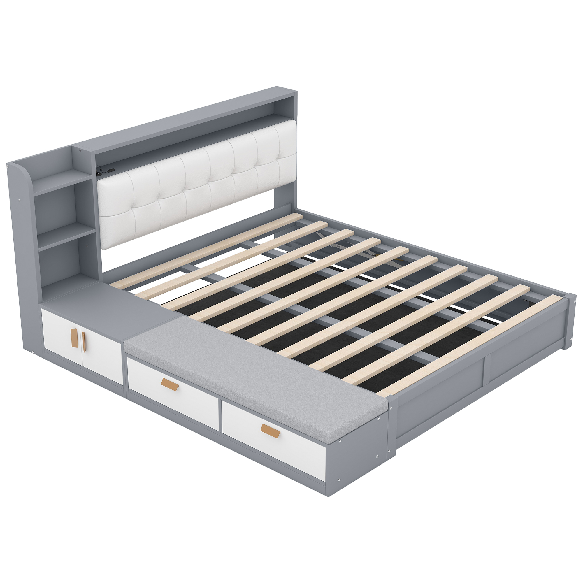 Queen Size Platform Bed Frame with Upholstery Headboard and Storage Shelves and,USB Charging,Gray 