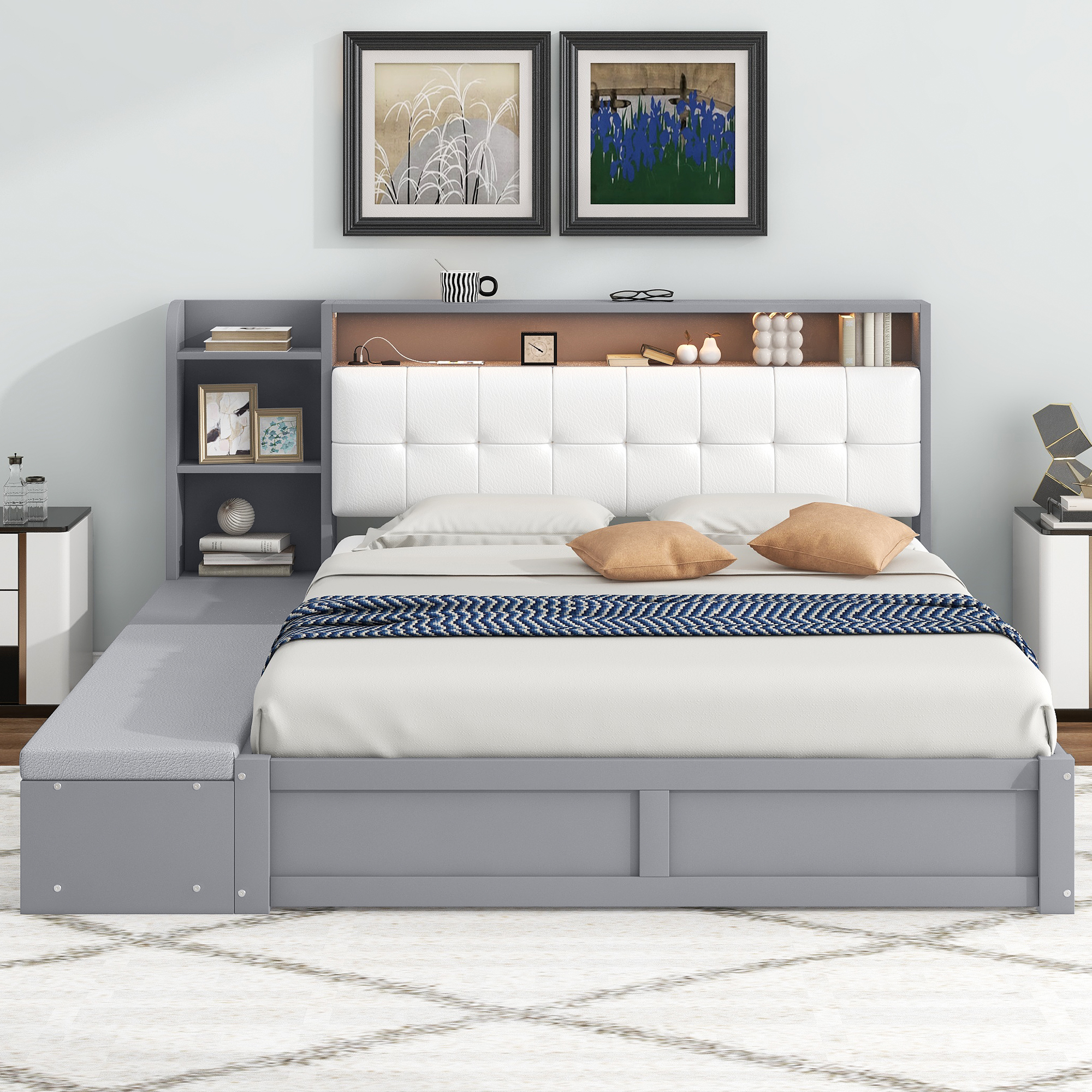 Queen Size Platform Bed Frame with Upholstery Headboard and Storage Shelves and,USB Charging,Gray 
