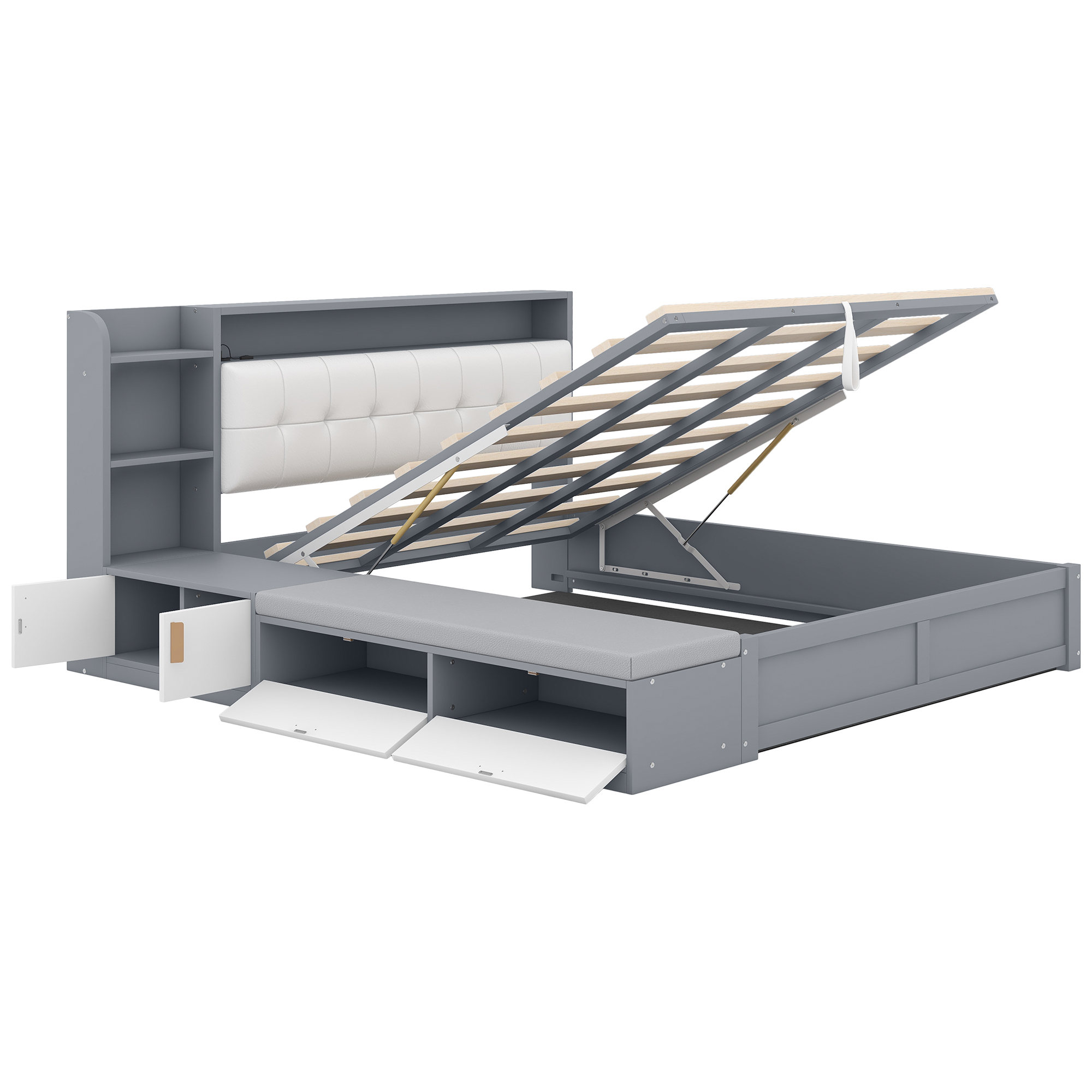 Queen Size Platform Bed Frame with Upholstery Headboard and Storage Shelves and,USB Charging,Gray 