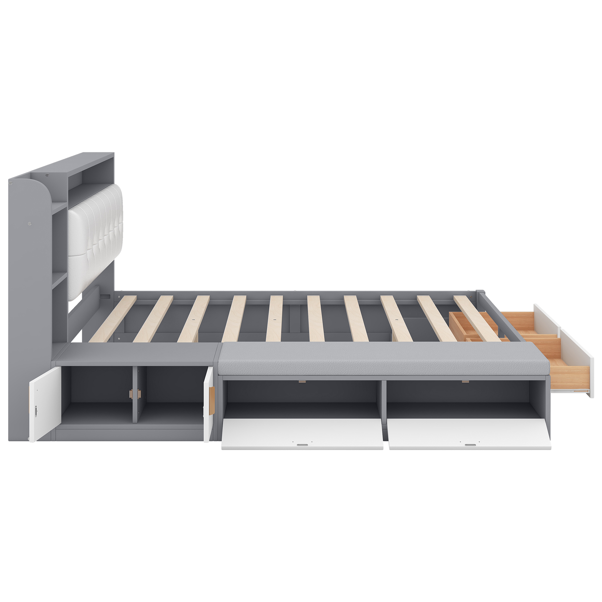 Queen Size Low Profile Platform Bed Frame with Upholstery Headboard and Storage Shelves and Drawers,USB Charging Design,Gray 