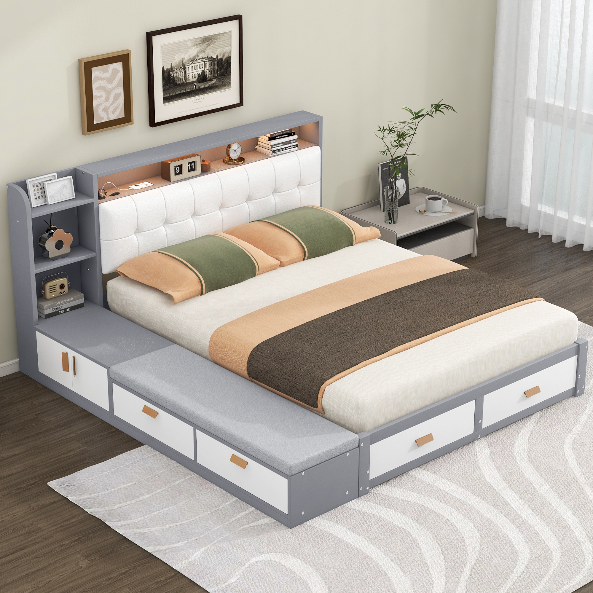 Queen Size Low Profile Platform Bed Frame with Upholstery Headboard and Storage Shelves and Drawers,USB Charging Design,Gray 
