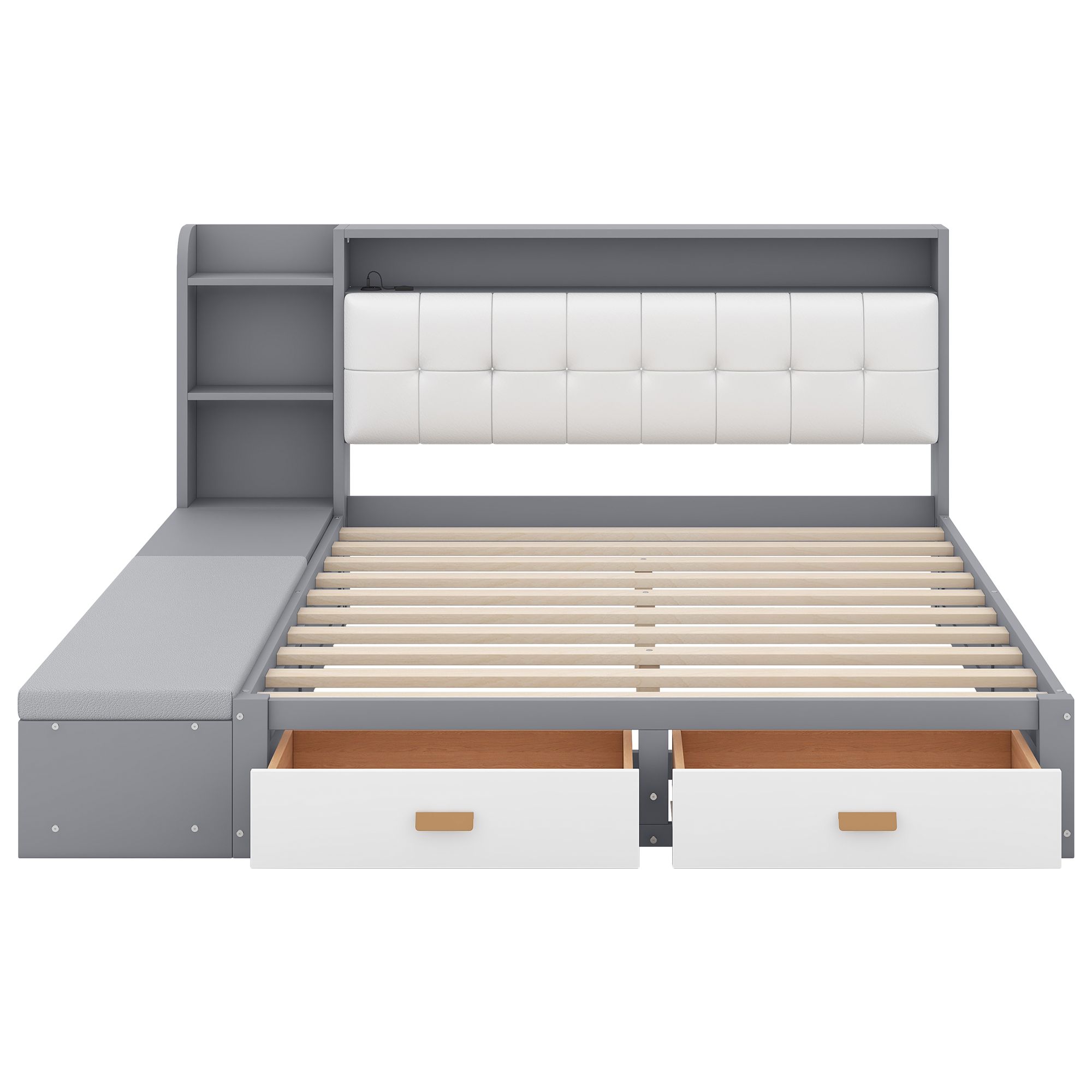 Queen Size Low Profile Platform Bed Frame with Upholstery Headboard and Storage Shelves and Drawers,USB Charging Design,Gray 