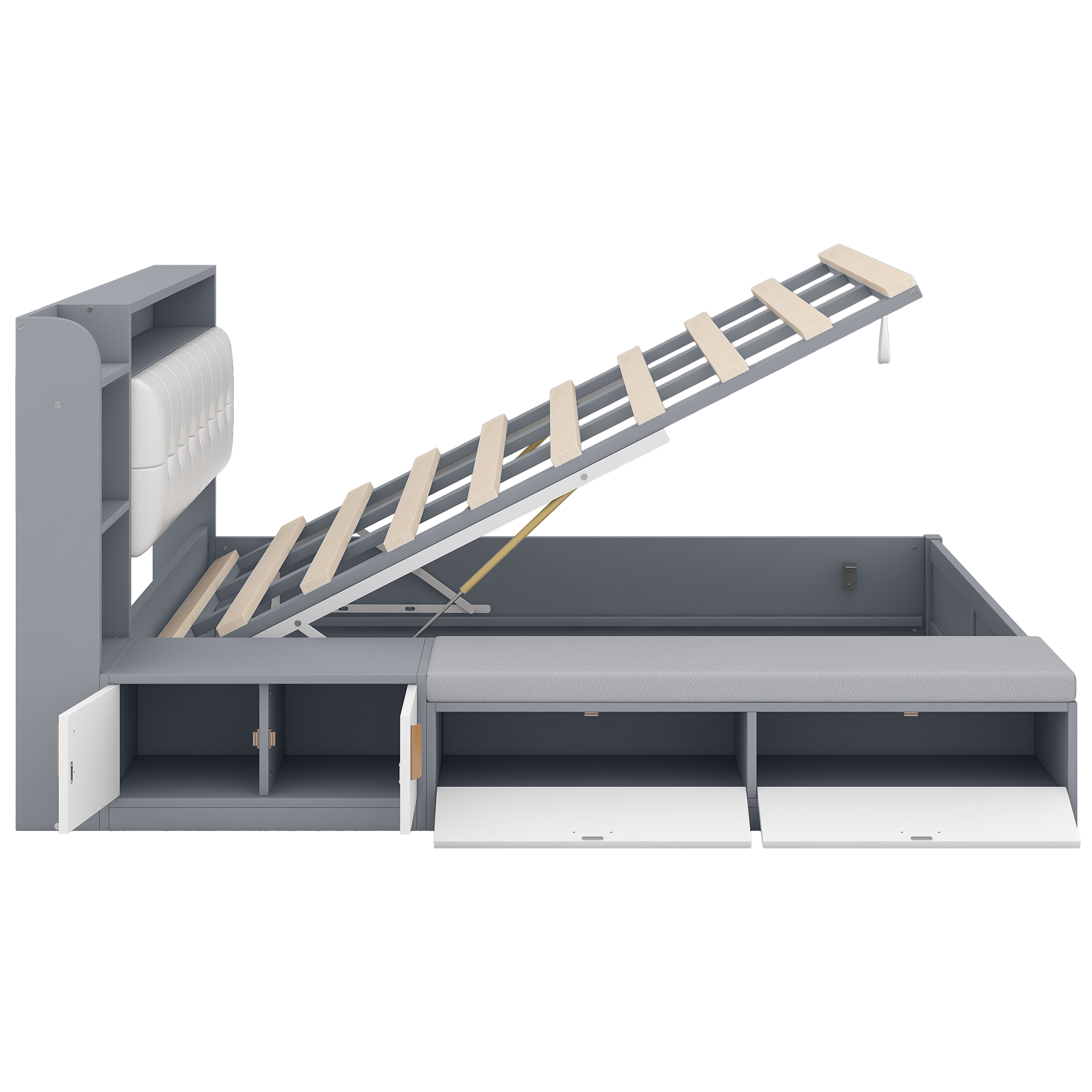 Queen Size Platform Bed Frame with Upholstery Headboard and Storage Shelves and,USB Charging,Gray 