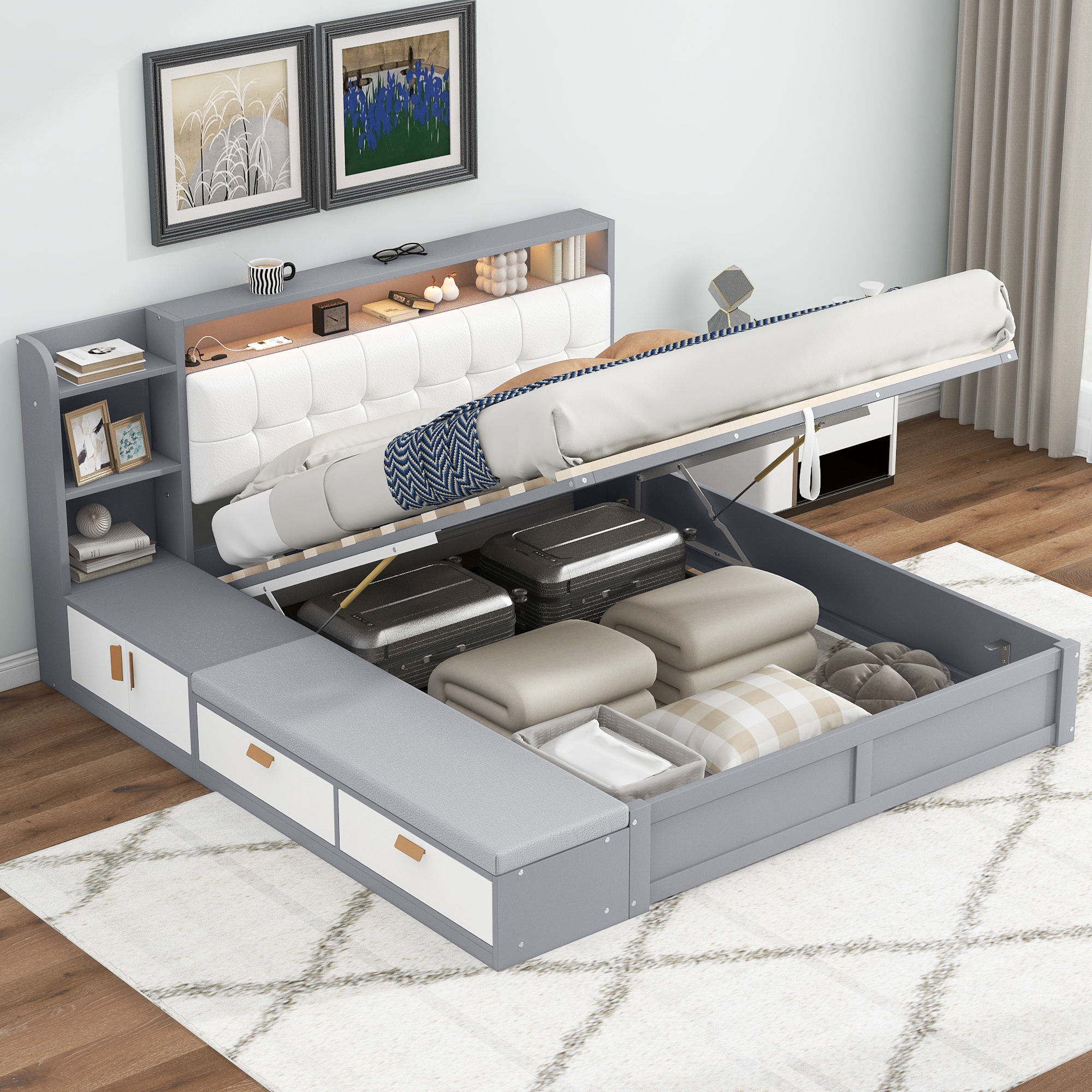 Queen Size Platform Bed Frame with Upholstery Headboard and Storage Shelves and,USB Charging,Gray 