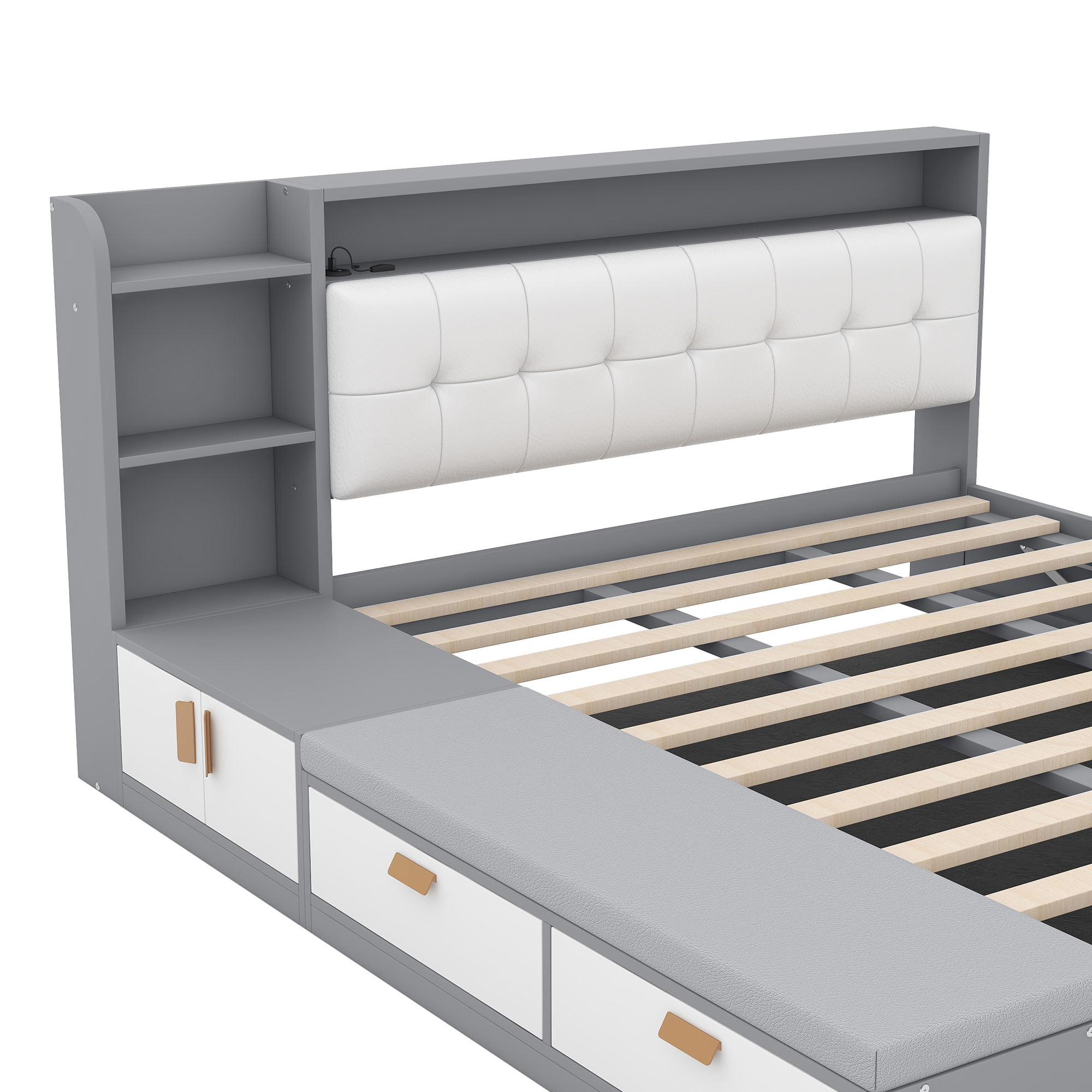 Queen Size Platform Bed Frame with Upholstery Headboard and Storage Shelves and,USB Charging,Gray 