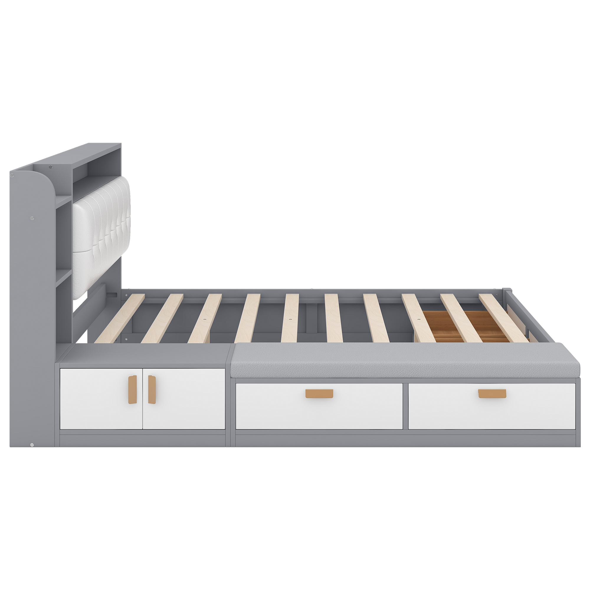 Queen Size Low Profile Platform Bed Frame with Upholstery Headboard and Storage Shelves and Drawers,USB Charging Design,Gray 