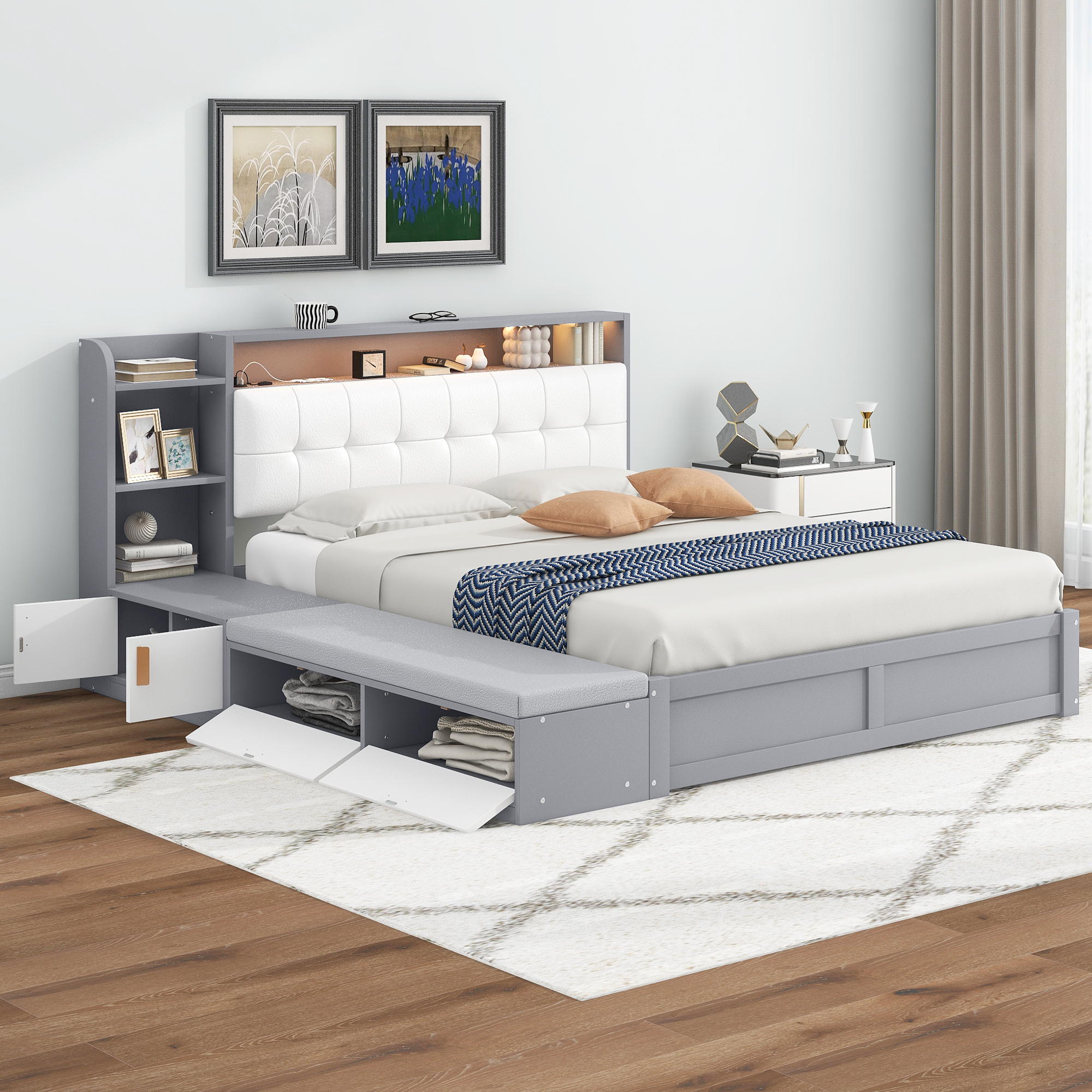 Queen Size Platform Bed Frame with Upholstery Headboard and Storage Shelves and,USB Charging,Gray 