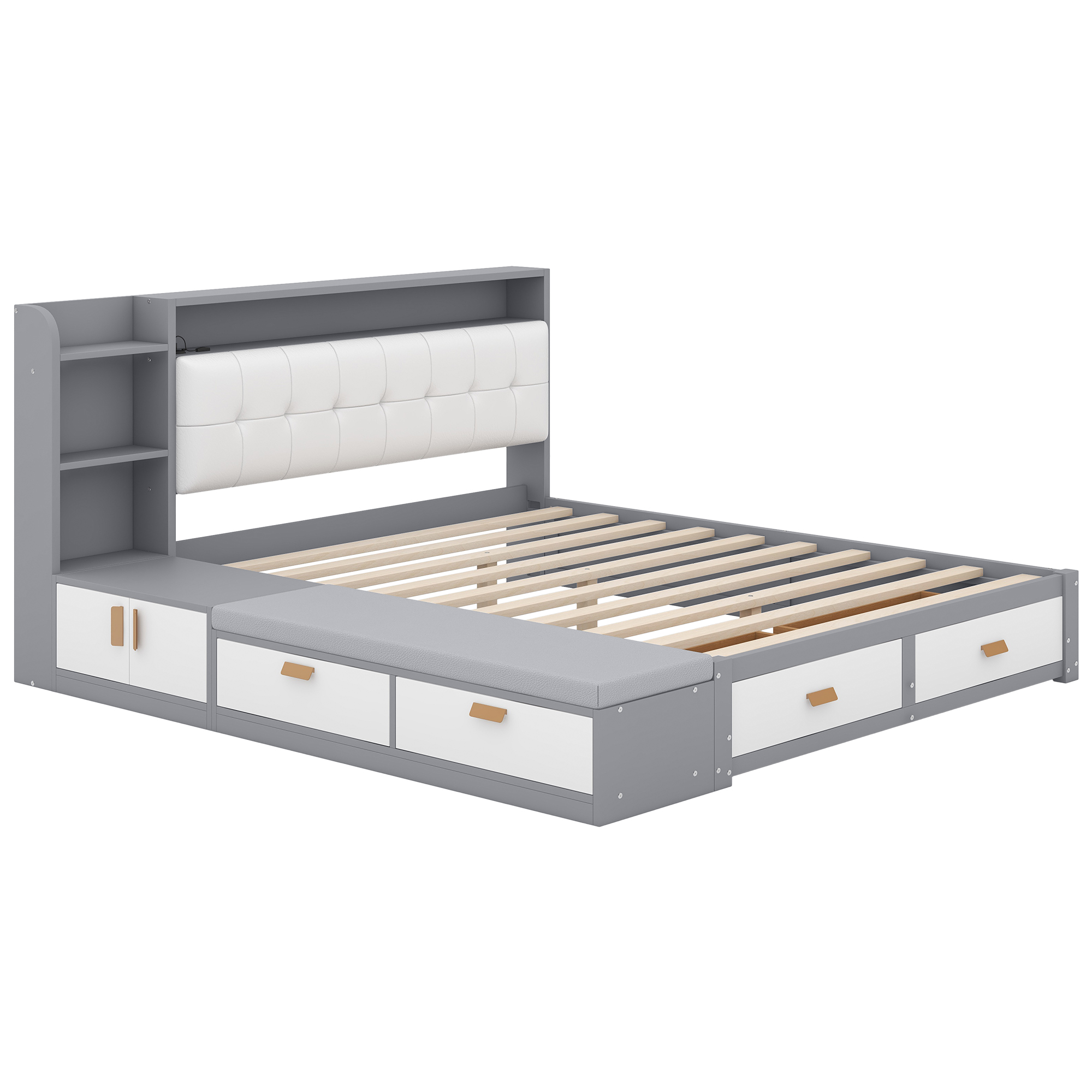 Queen Size Low Profile Platform Bed Frame with Upholstery Headboard and Storage Shelves and Drawers,USB Charging Design,Gray 
