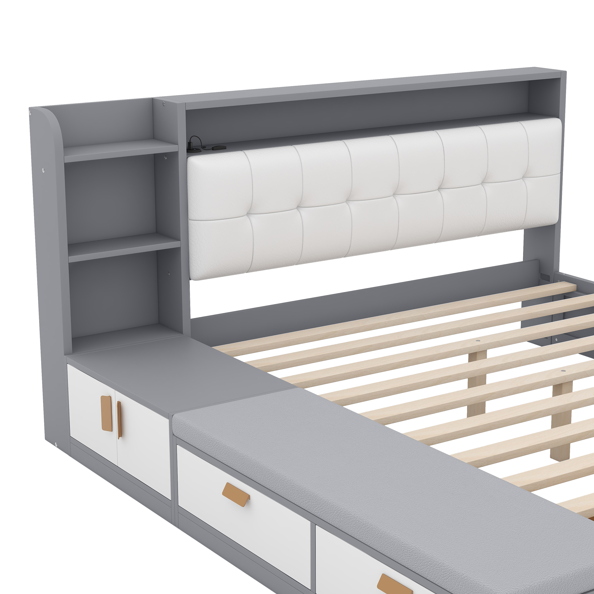 Queen Size Low Profile Platform Bed Frame with Upholstery Headboard and Storage Shelves and Drawers,USB Charging Design,Gray 
