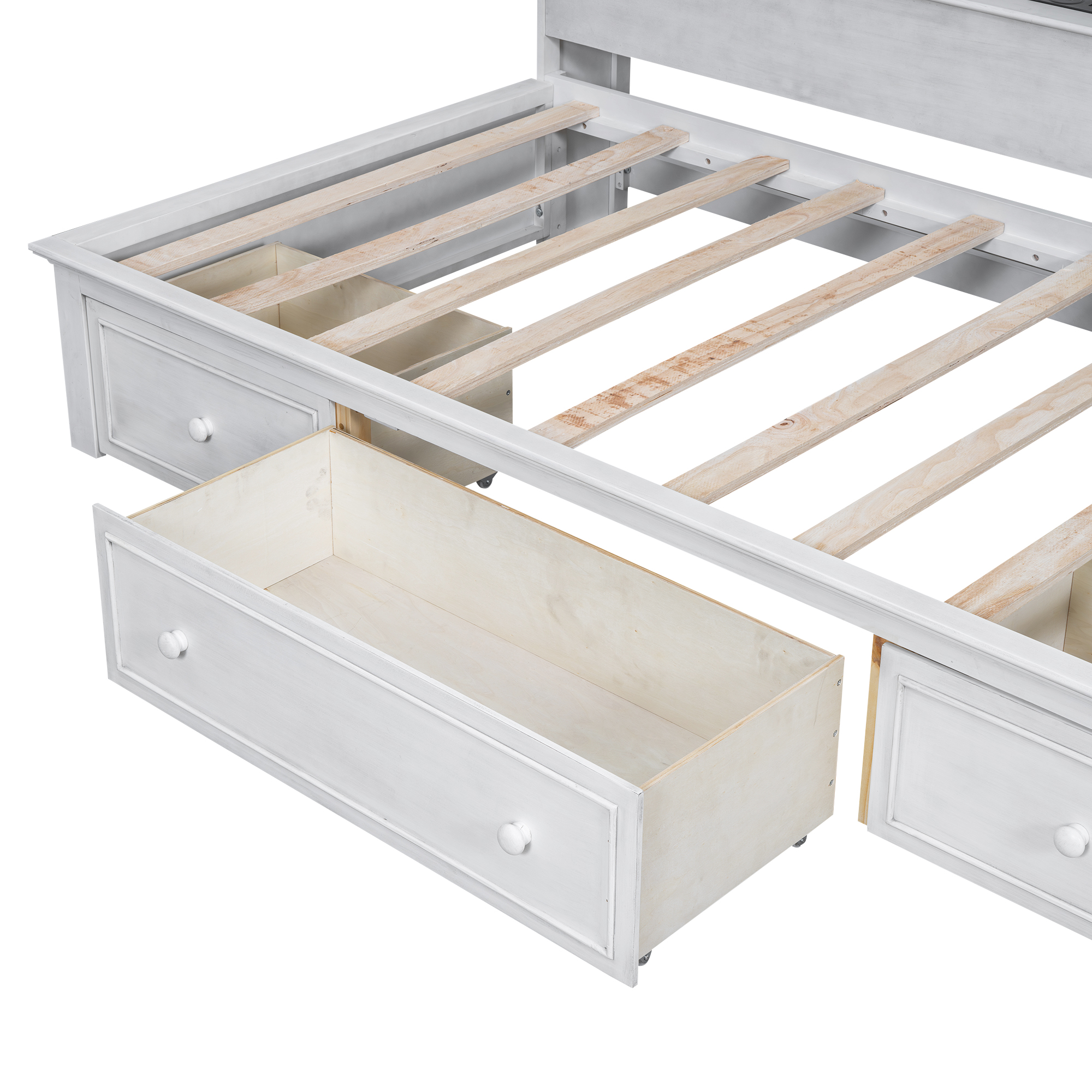 Twin Size Wood Daybed with Multi-Storage Shelves, Charging Station and 3 Drawers, Antique White/Gray