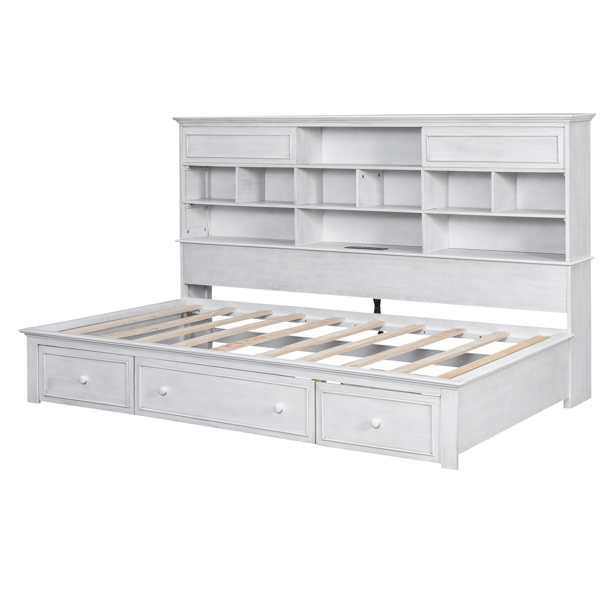 Twin Size Wood Daybed with Multi-Storage Shelves, Charging Station and 3 Drawers, Antique White/Gray