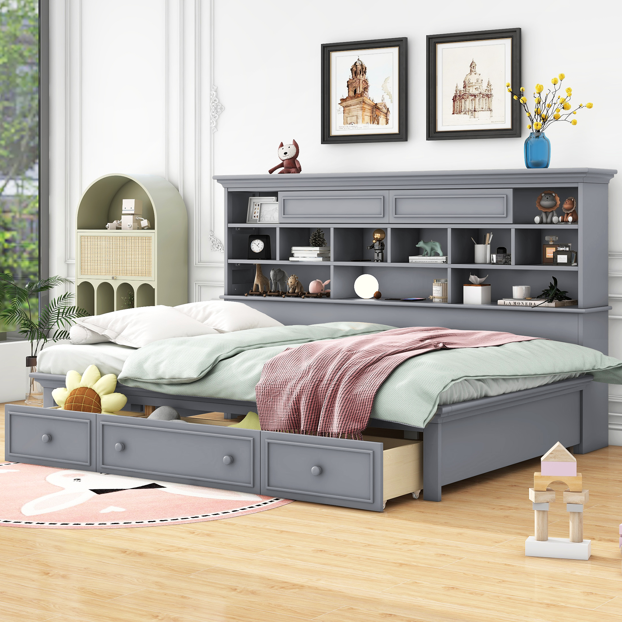Twin Size Wood Daybed with Multi-Storage Shelves, Charging Station and 3 Drawers, Antique White/Gray