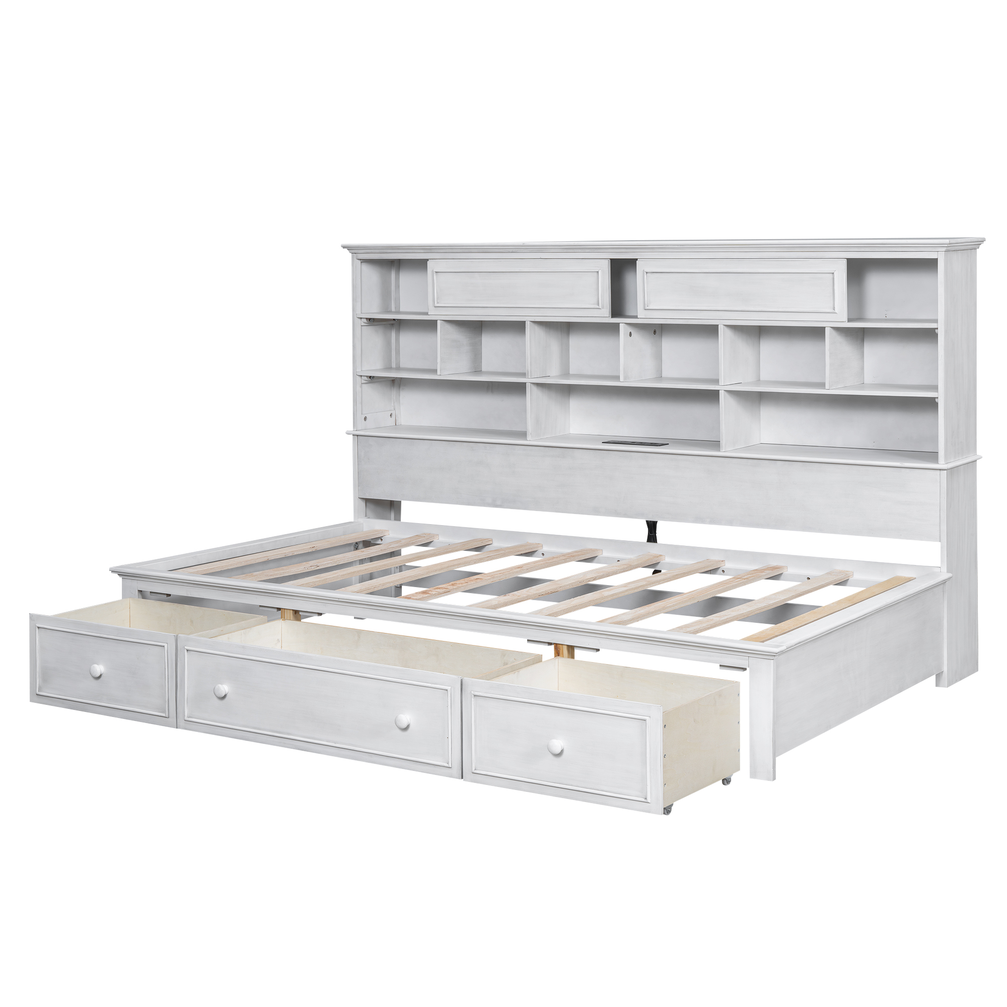 Twin Size Wood Daybed with Multi-Storage Shelves, Charging Station and 3 Drawers, Antique White/Gray