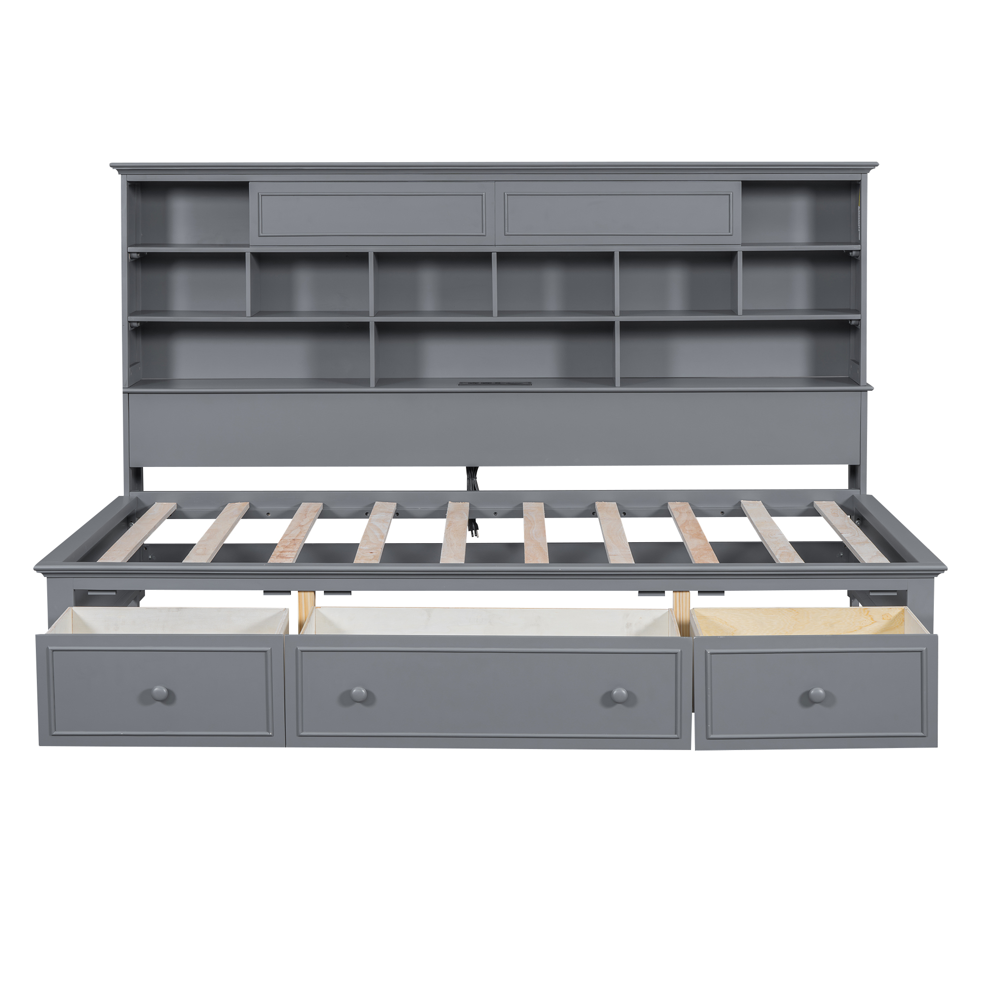 Twin Size Wood Daybed with Multi-Storage Shelves, Charging Station and 3 Drawers, Antique White/Gray