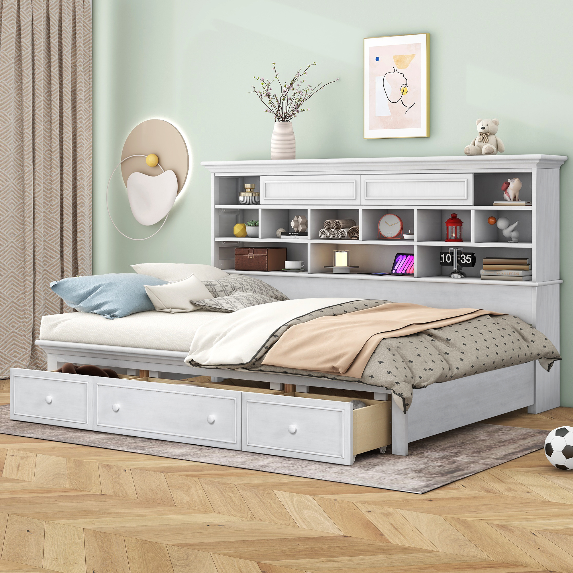 Twin Size Wood Daybed with Multi-Storage Shelves, Charging Station and 3 Drawers, Antique White/Gray