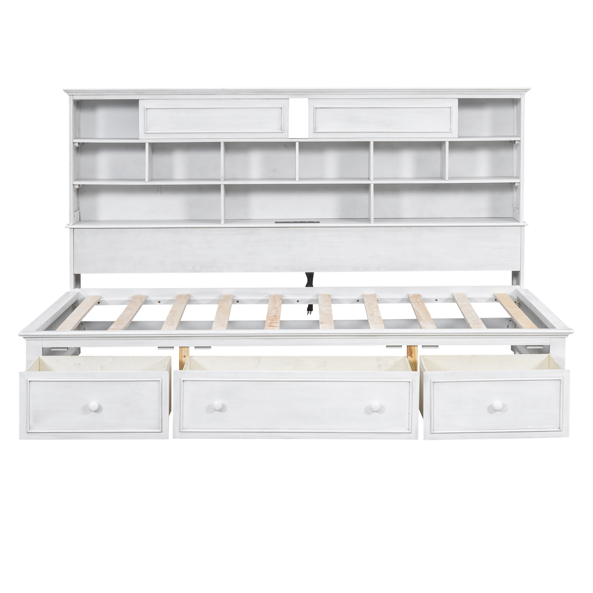 Twin Size Wood Daybed with Multi-Storage Shelves, Charging Station and 3 Drawers, Antique White/Gray